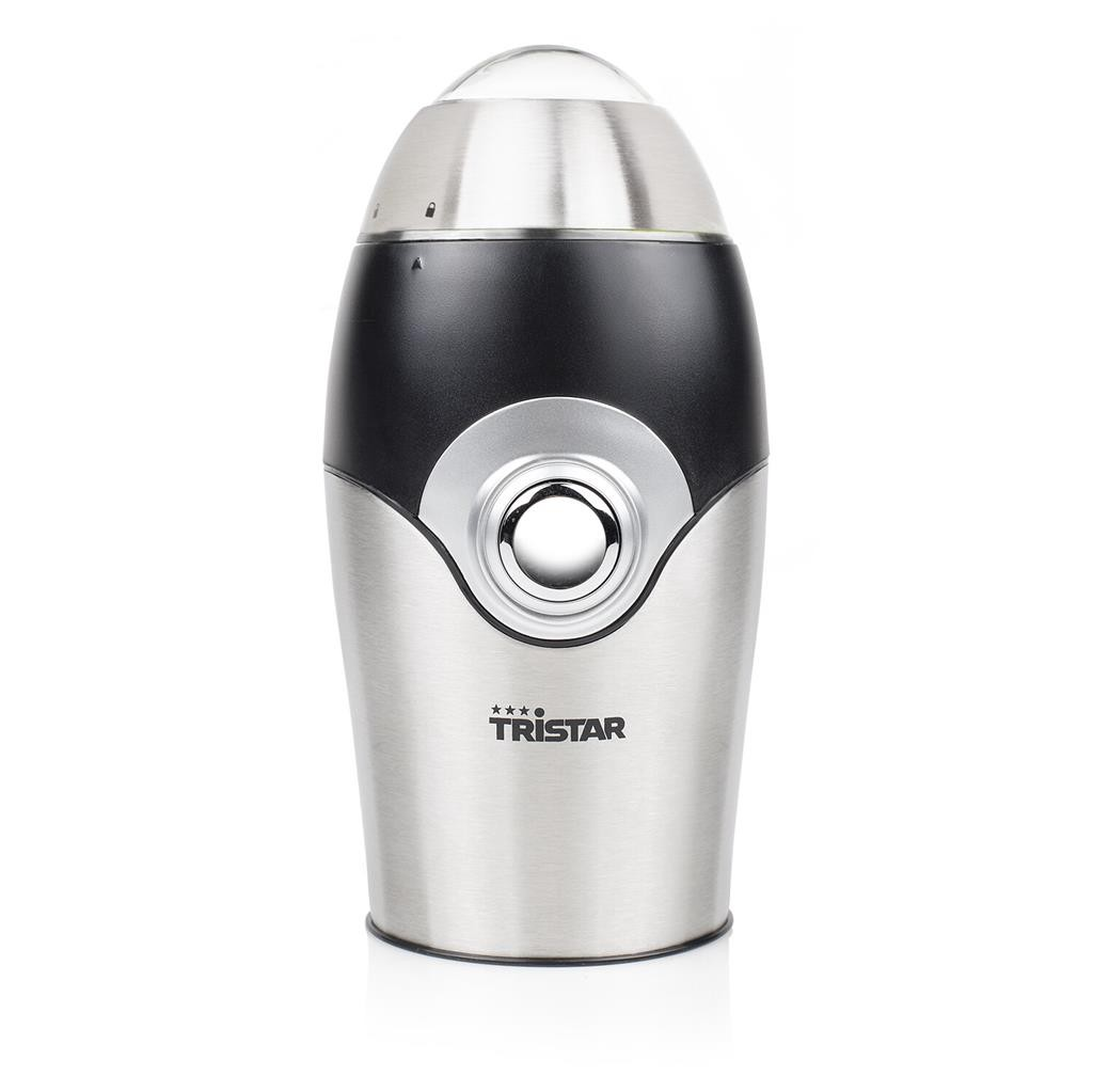 Eine silber-schwarze Tristar Kaffeemühle mit klarem Deckel und zentralem Einschaltknopf vor weißem Hintergrund.