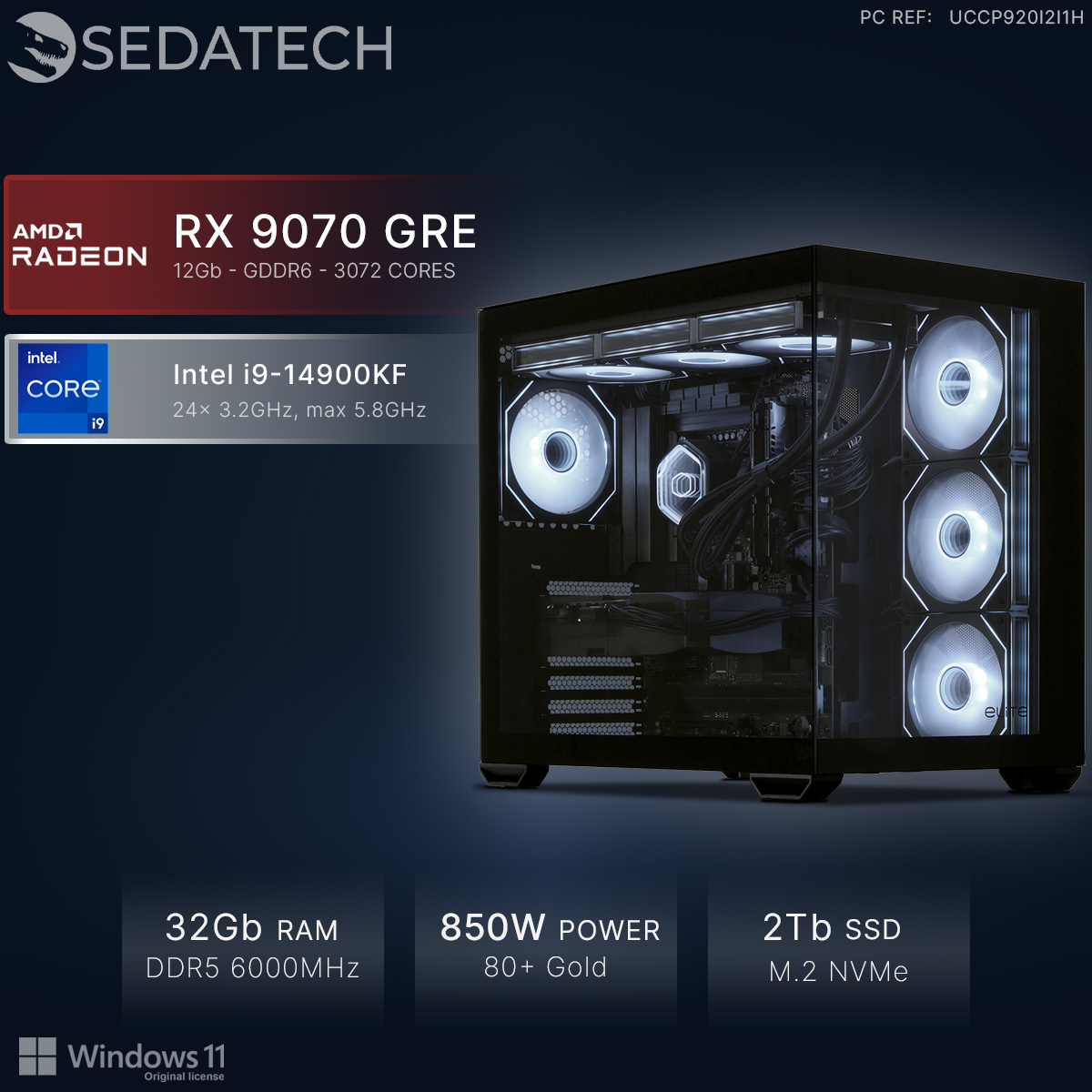 Sedatech PC mit Intel i9, RX 9070 GRE Grafikkarte, 32GB RAM und 2TB SSD auf dunklem Hintergrund.