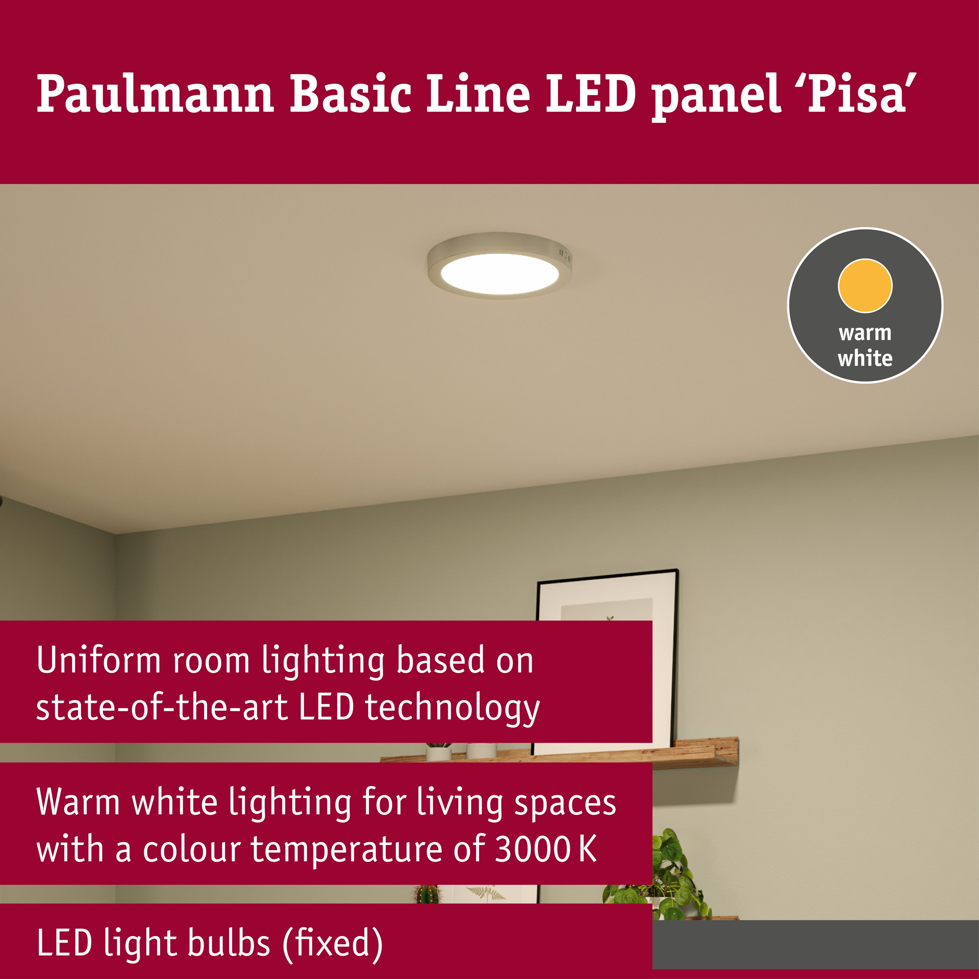 Runde Paulmann LED-Deckenleuchte Pisa an einer hellen Decke, mit warmweißer Lichtanzeige und Produktdetails.