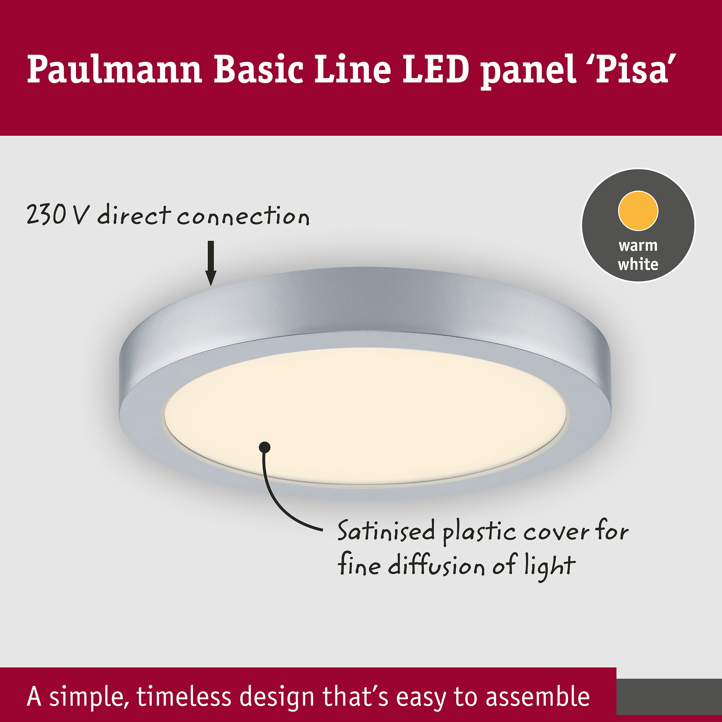 Produktwerbung für das runde Paulmann Basic Line LED-Panel Pisa mit warmweißem Licht.