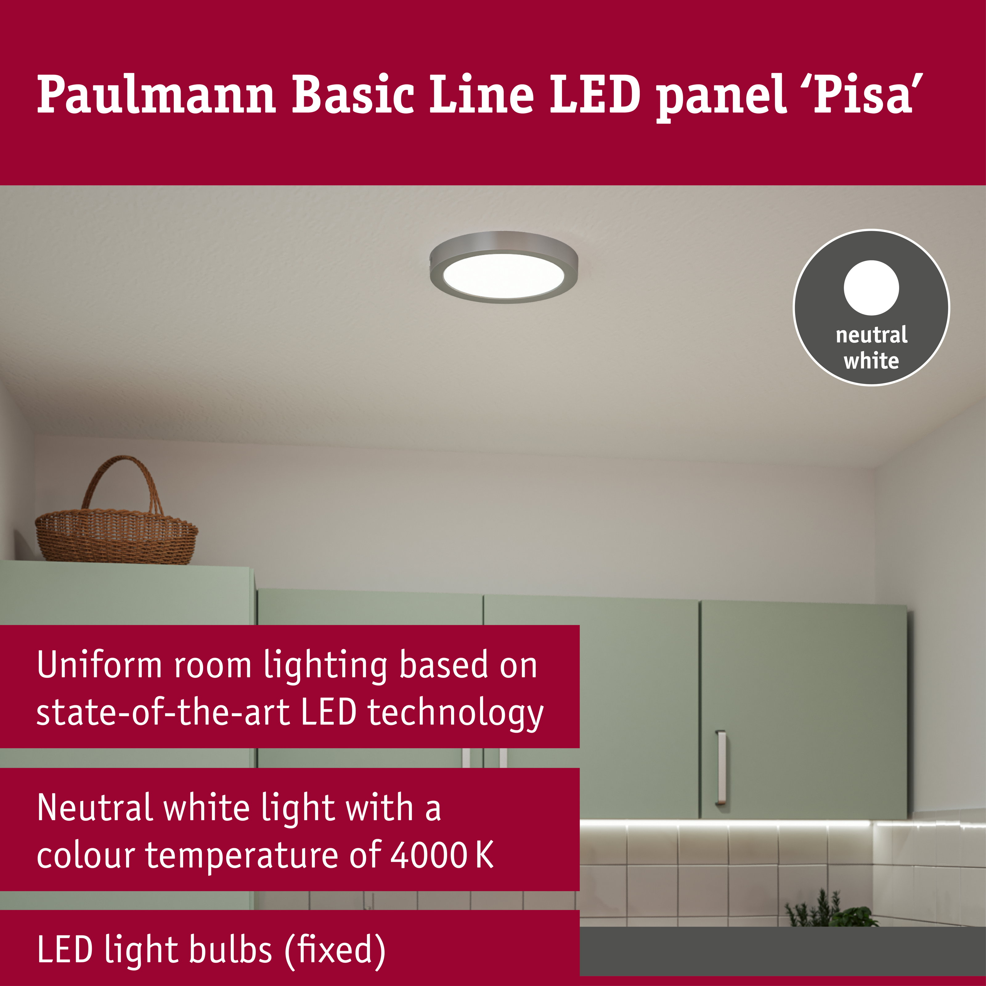 Runde Paulmann LED-Deckenleuchte Pisa mit neutralweißem Licht in einer modernen Küche.