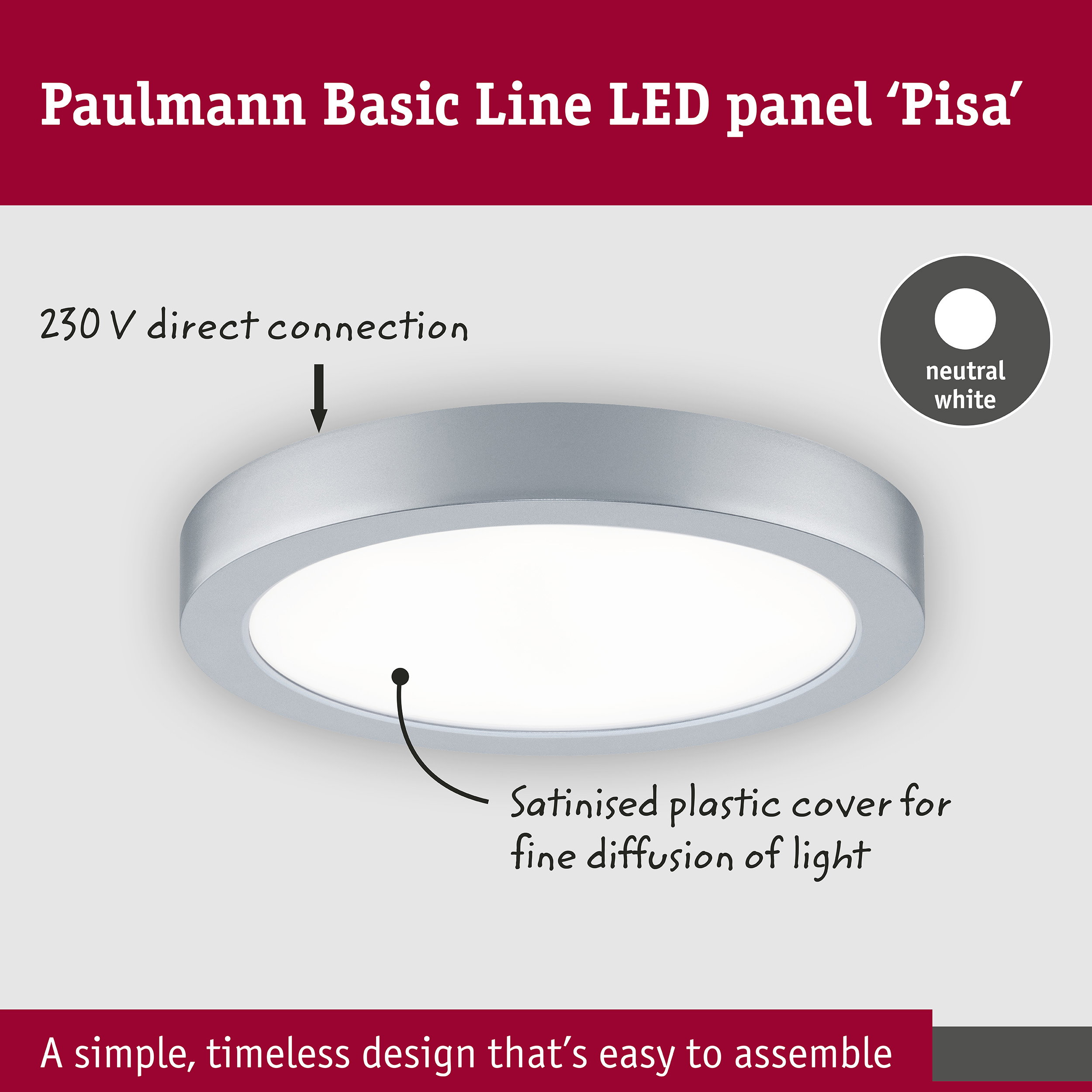 Rundes Paulmann Basic Line LED-Panel Pisa mit neutralweißem Licht und satinierter Kunststoffabdeckung.