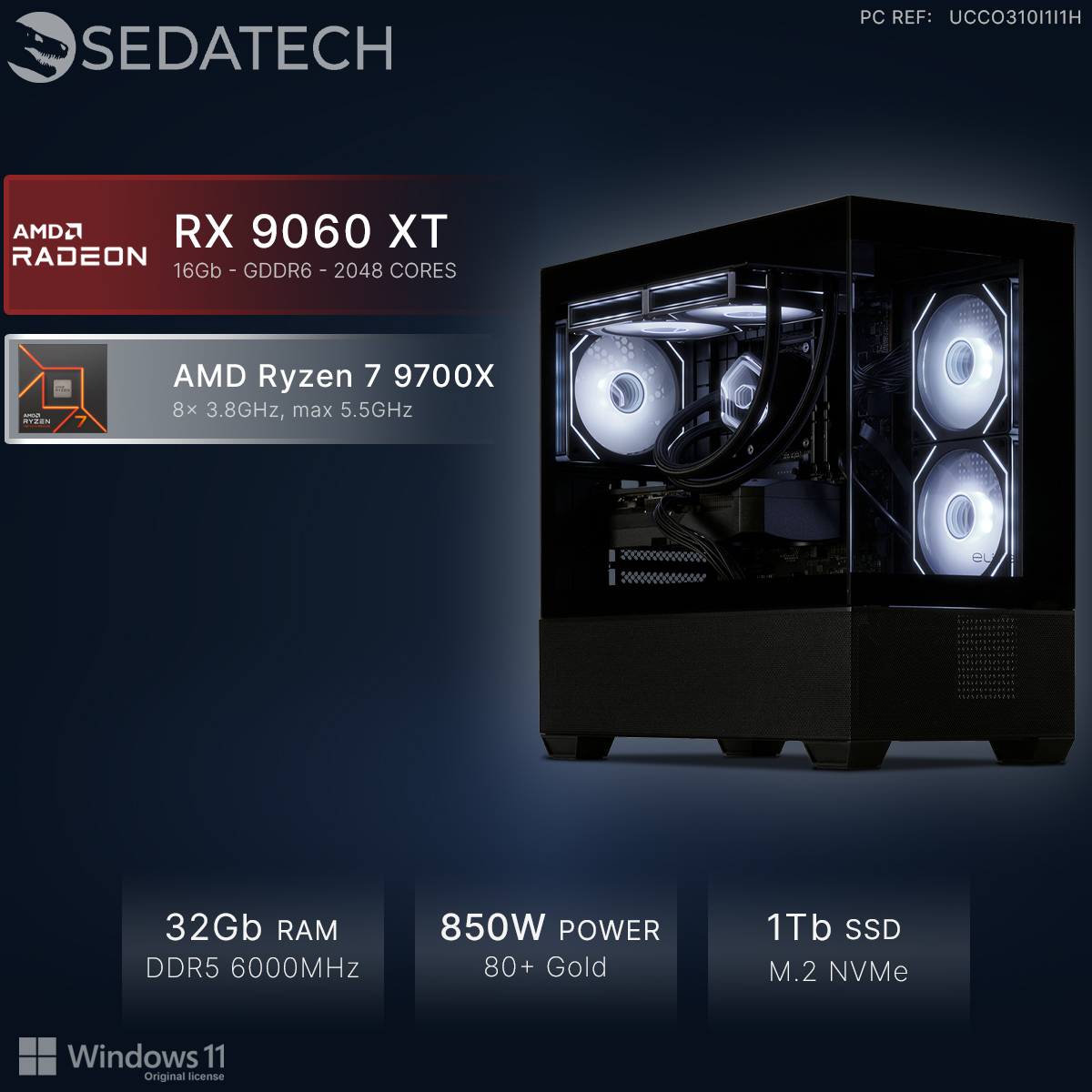 Schwarzer SEDATECH Gaming PC mit RGB-Lüftern und technischen Spezifikationen auf dunklem Hintergrund.