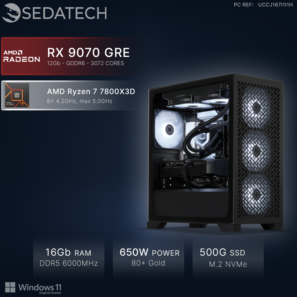 Sedatech PC mit AMD Radeon RX 9070 GRE und Ryzen 7 7800X3D, beleuchtetes Gehäuse, 16GB RAM und 500GB SSD.