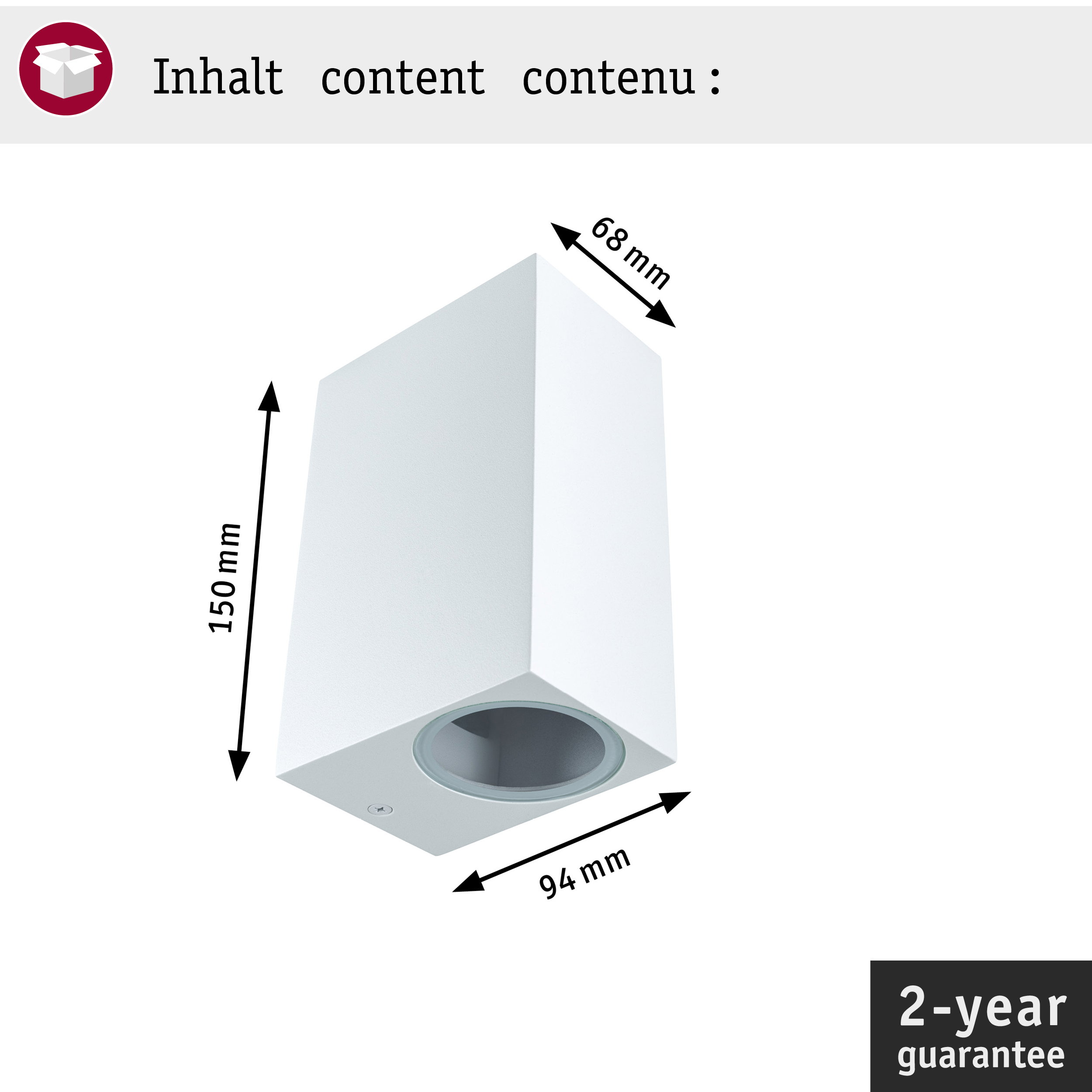 Technische Zeichnung einer weißen, rechteckigen Wandleuchte mit Abmessungen von 150 mm, 94 mm und 68 mm.
