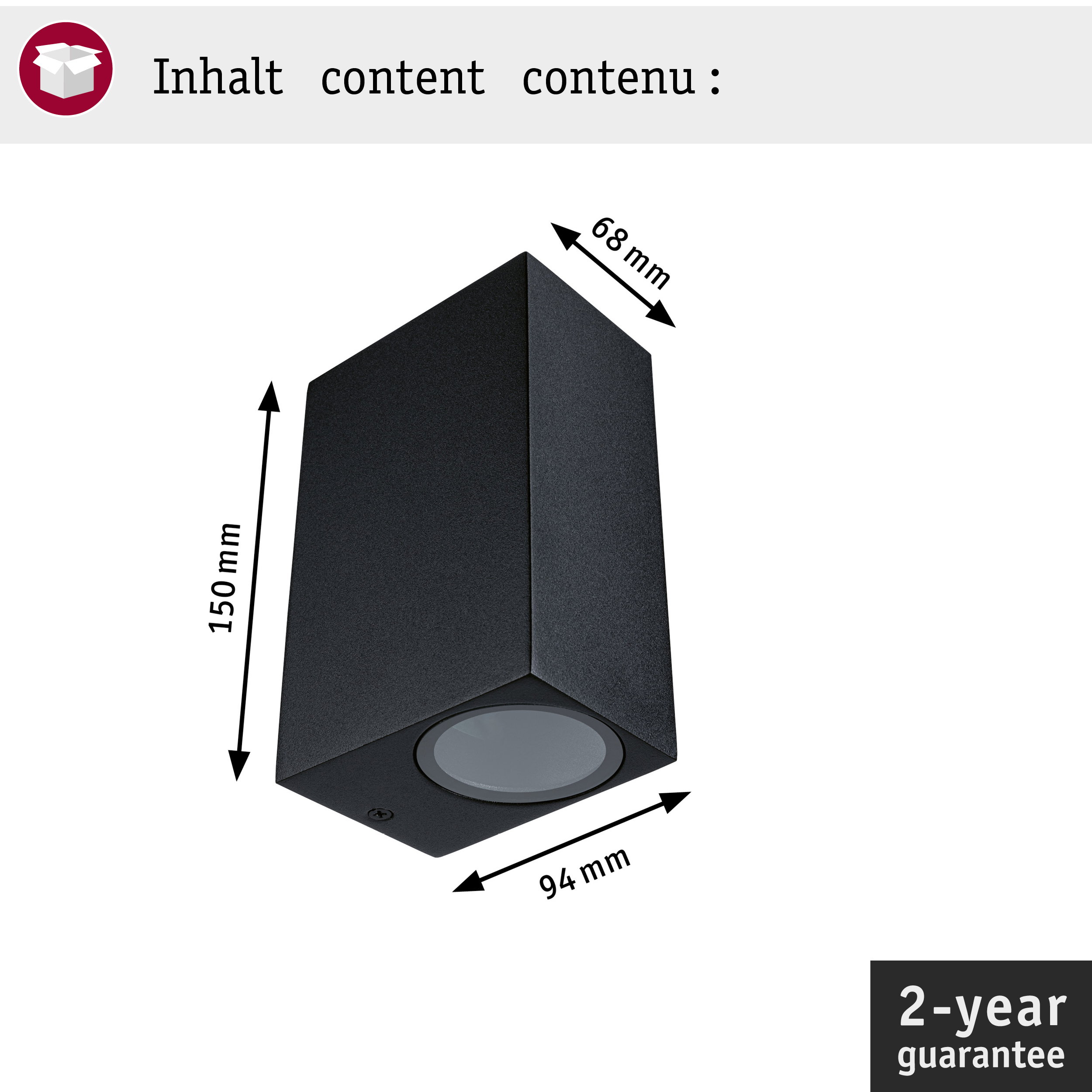 Technische Zeichnung einer schwarzen, quaderförmigen Wandleuchte mit Bemaßung: Höhe 150 mm, Breite 94 mm, Tiefe 68 mm.
