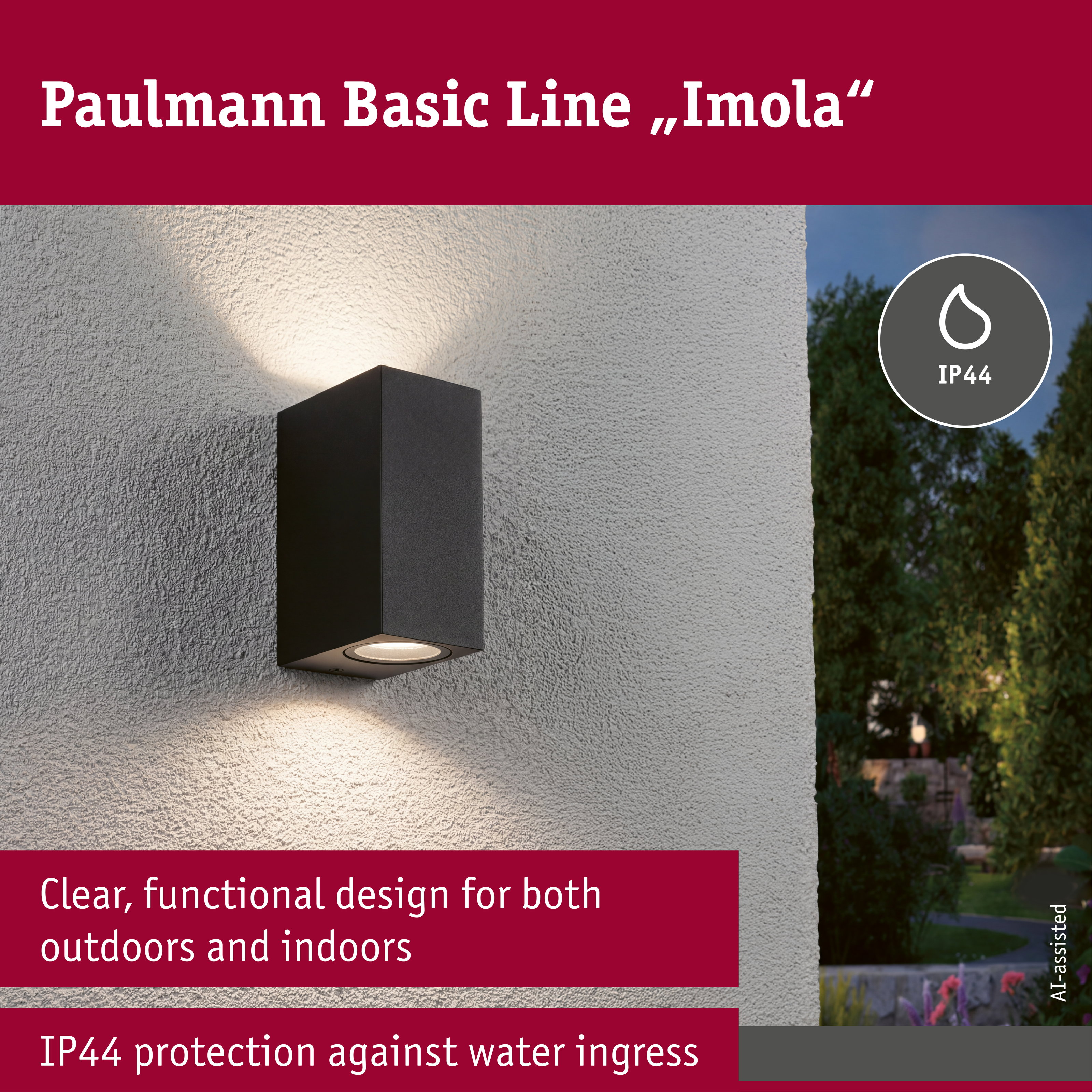 Schwarze Paulmann Imola Wandleuchte an einer grauen Außenwand mit Lichtkegeln nach oben und unten.
