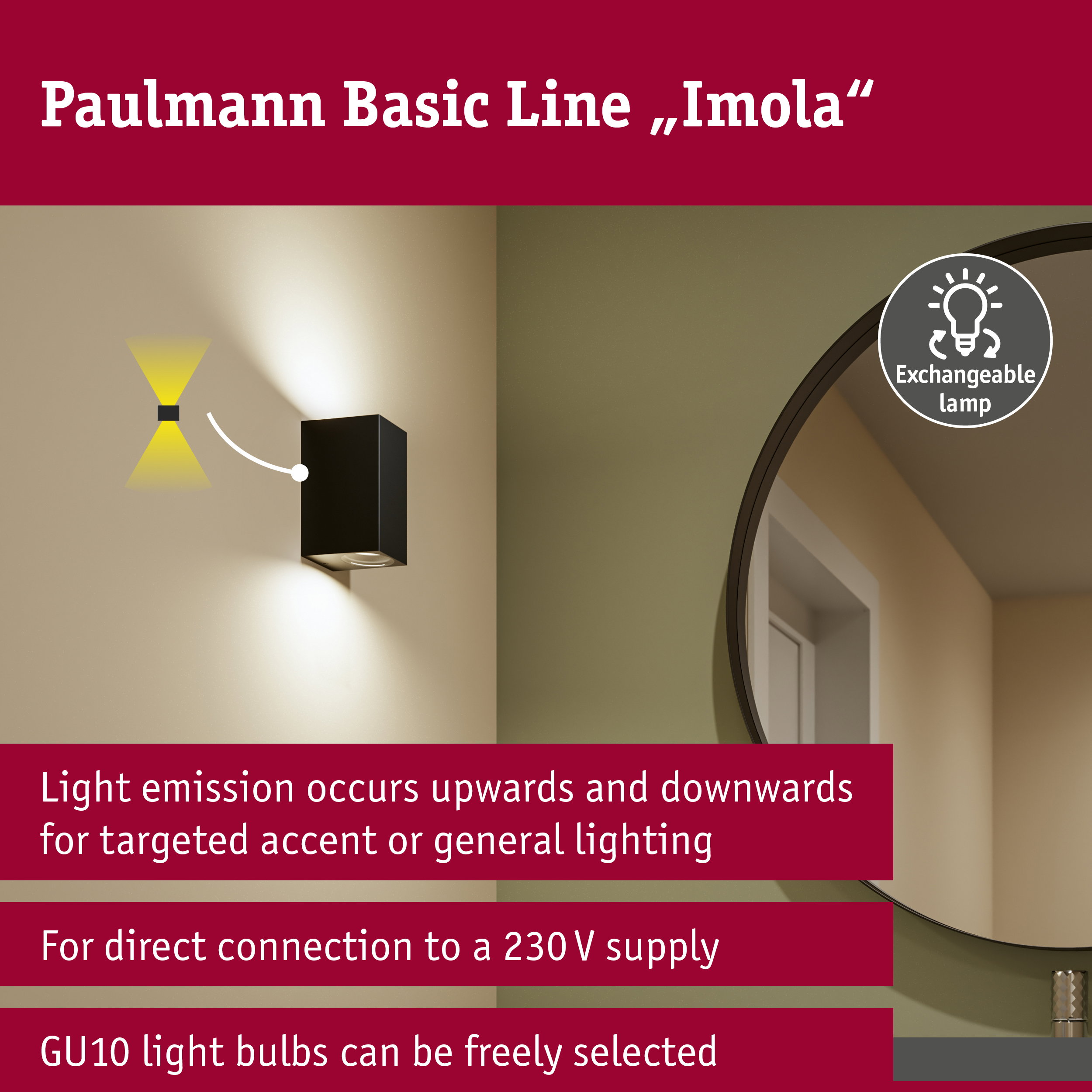 Schwarze Paulmann Wandlampe Imola strahlt Licht nach oben und unten ab, mit spiegelndem Hintergrund.