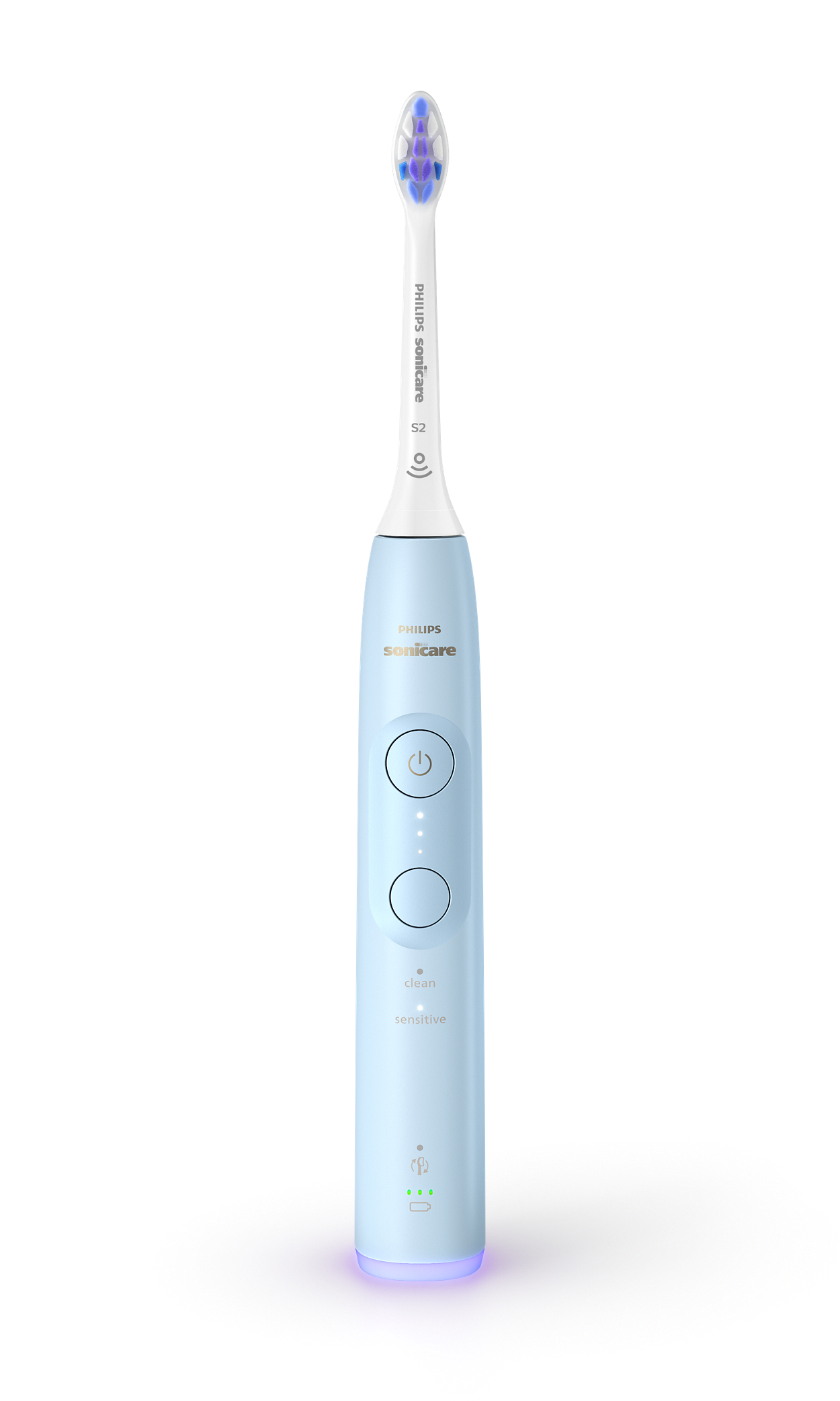 Eine hellblaue Philips Sonicare Elektr Zahnbürste mit weißem Kopf steht auf weißem Hintergrund.