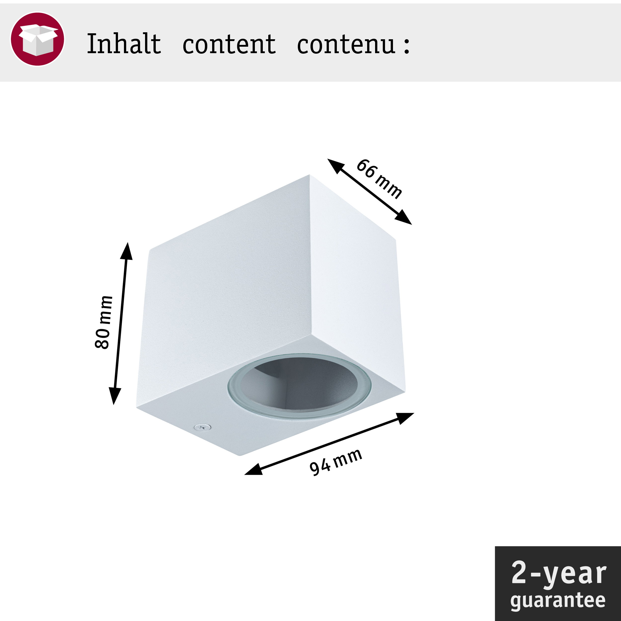 Technische Zeichnung einer quadratischen weißen Leuchte mit Maßen: 80 mm Höhe, 66 mm Breite und 94 mm Länge.