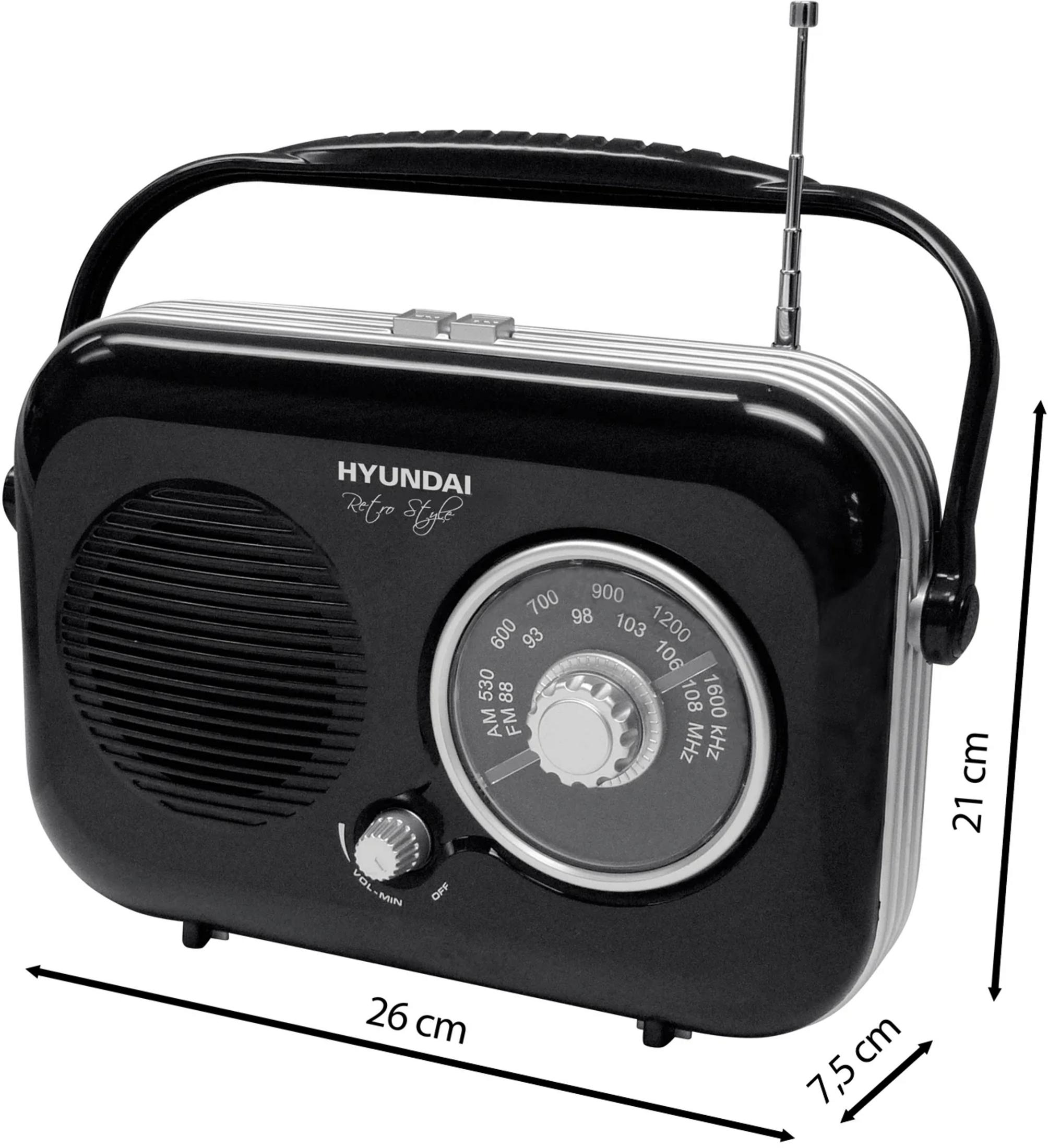 Schwarzes Hyundai Retro-Radio mit Tragegriff, Antenne und Maßangaben.