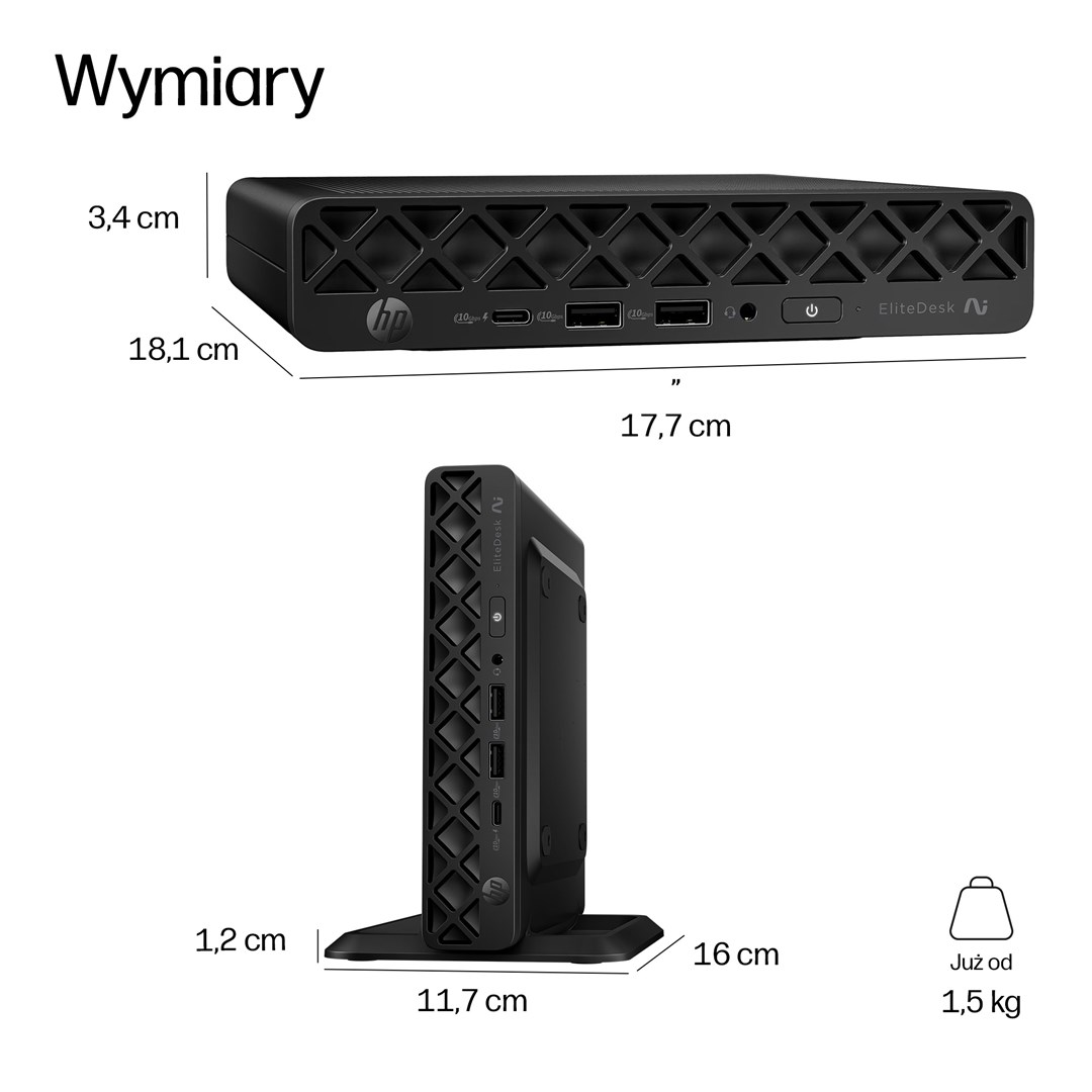 Wymiary czarnego mini PC HP EliteDesk pokazanego w poziomie i pionie wraz z wymiarami i wagą od 1,5 kg.