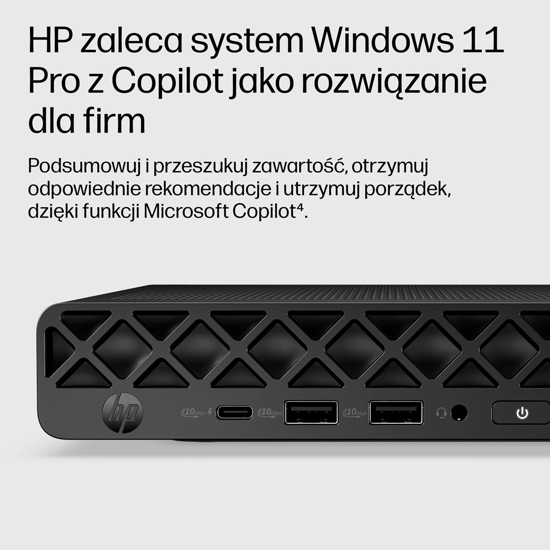 Przedni panel mini PC HP z portami USB, logo HP i tekstem o Windows 11 Pro.