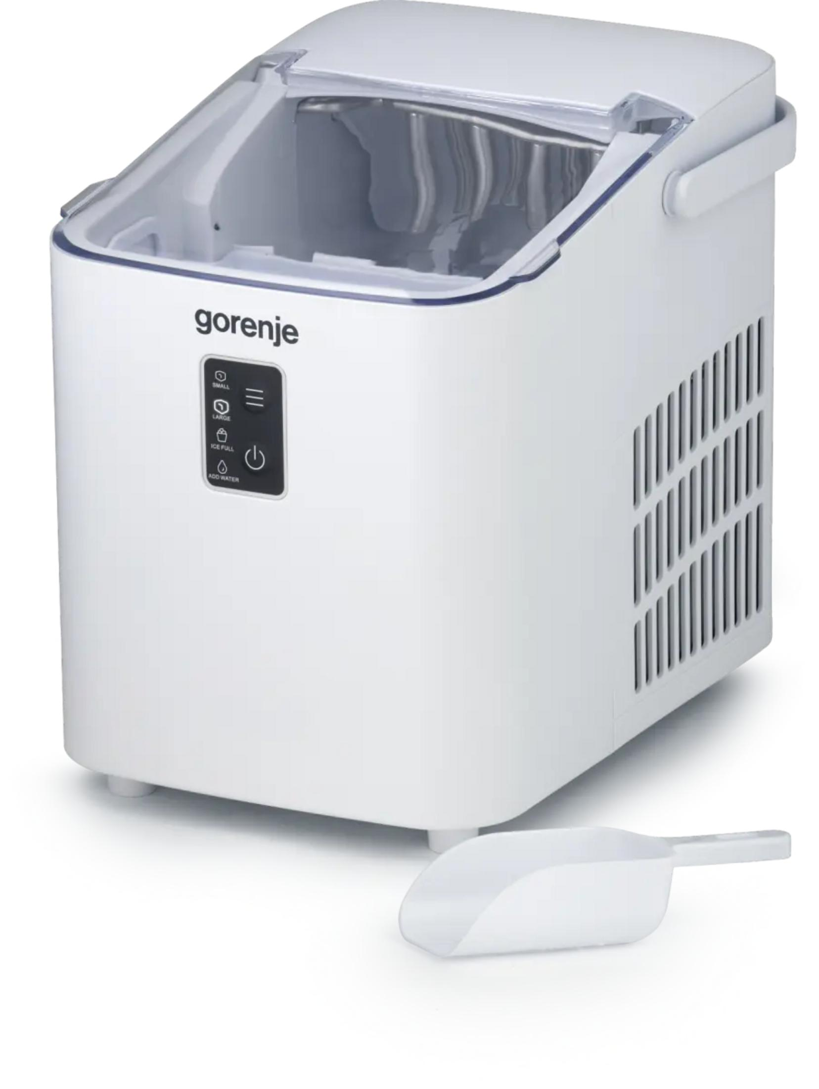 Biała kostkarka do lodu Gorenje z czarnym panelem sterowania i białą łopatką do lodu obok na białym tle.