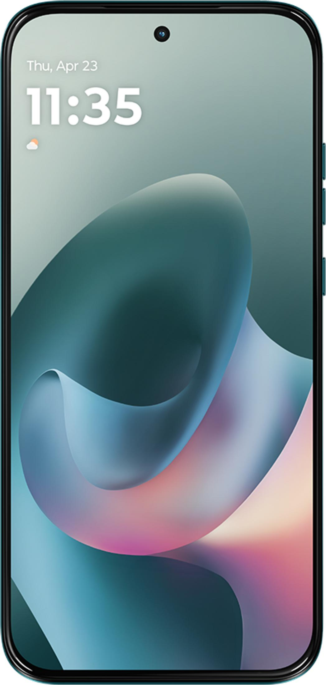 Uno smartphone mostra la data, l'ora 11:35 e uno sfondo astratto con turbini turchesi e rosa.
