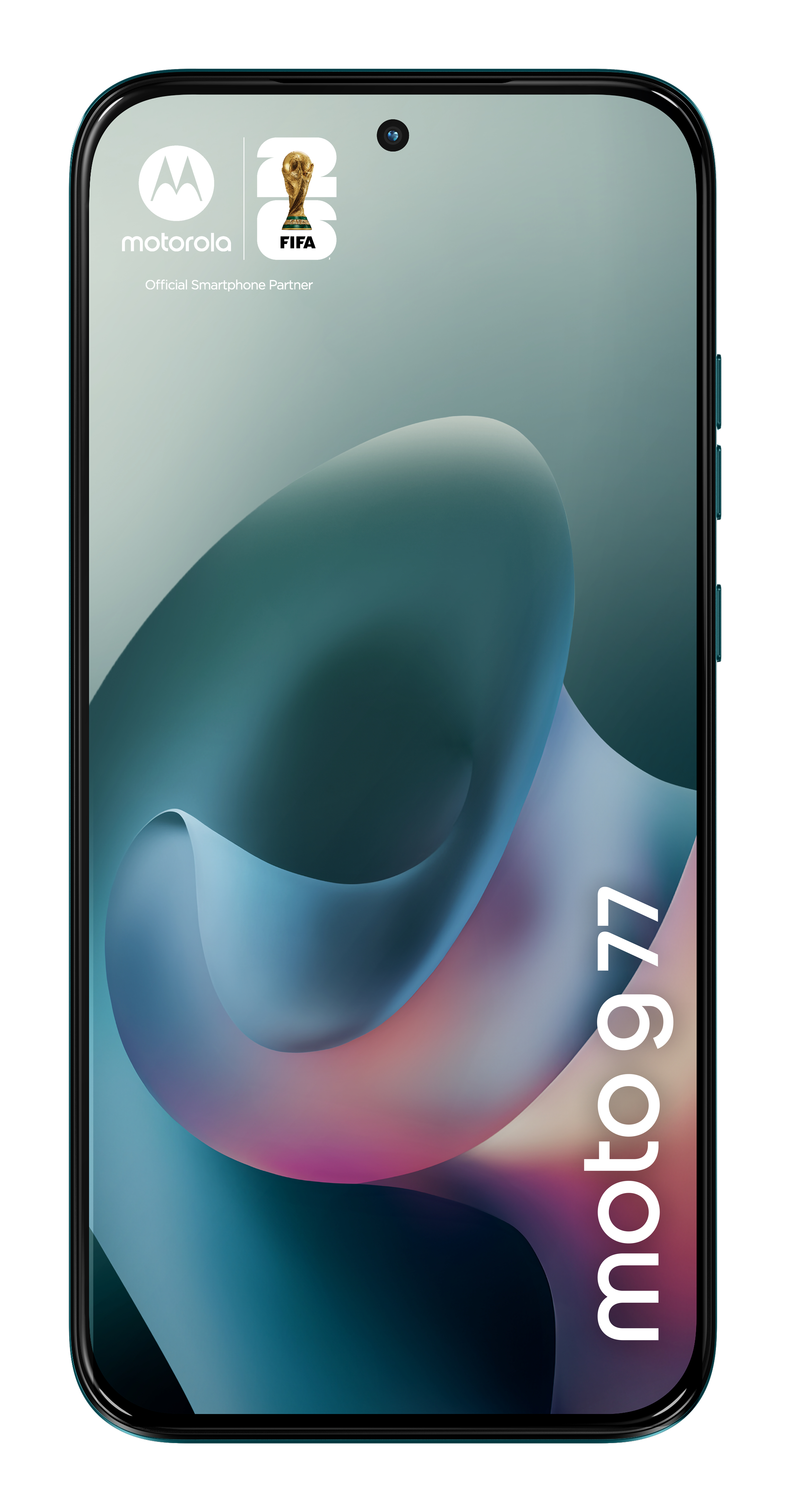 Smartphone Motorola con sfondo curvo verde-blu e logo FIFA 26.