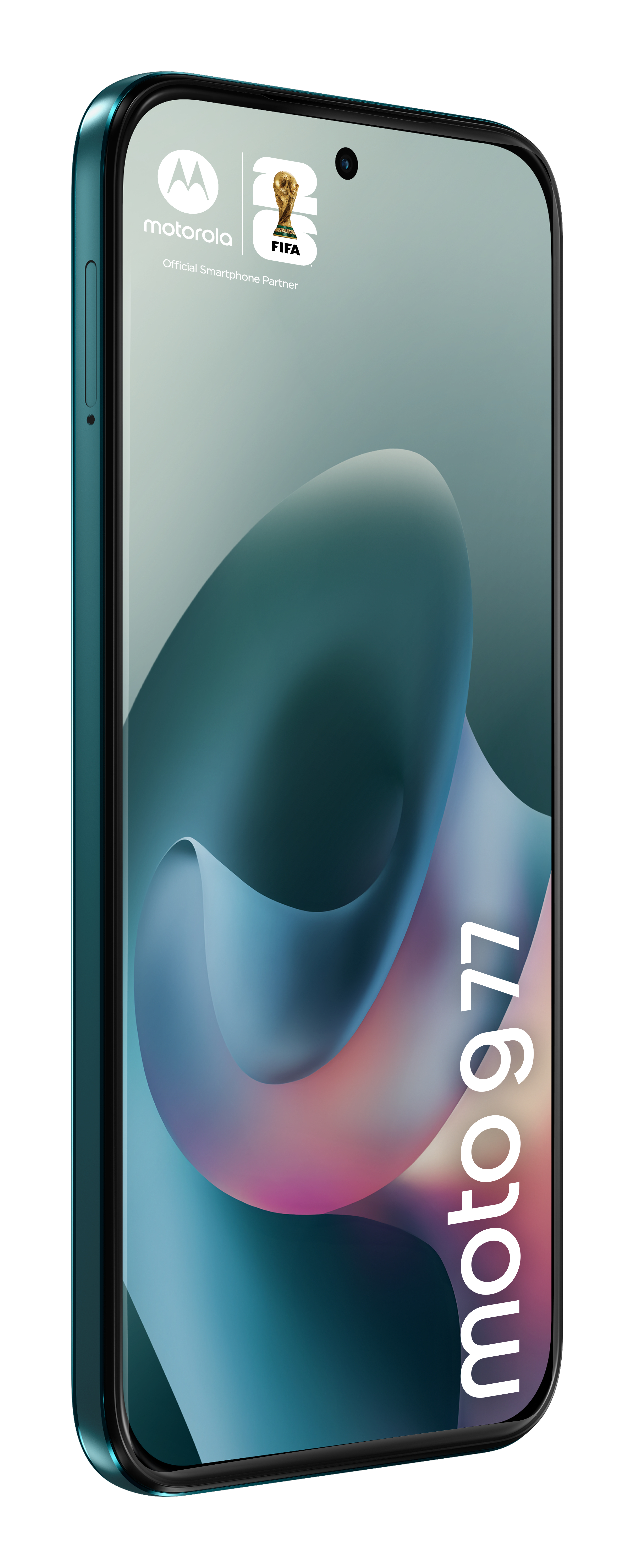Smartphone Motorola verde scuro con onde astratte, la scritta moto g77 e i loghi Motorola e FIFA.