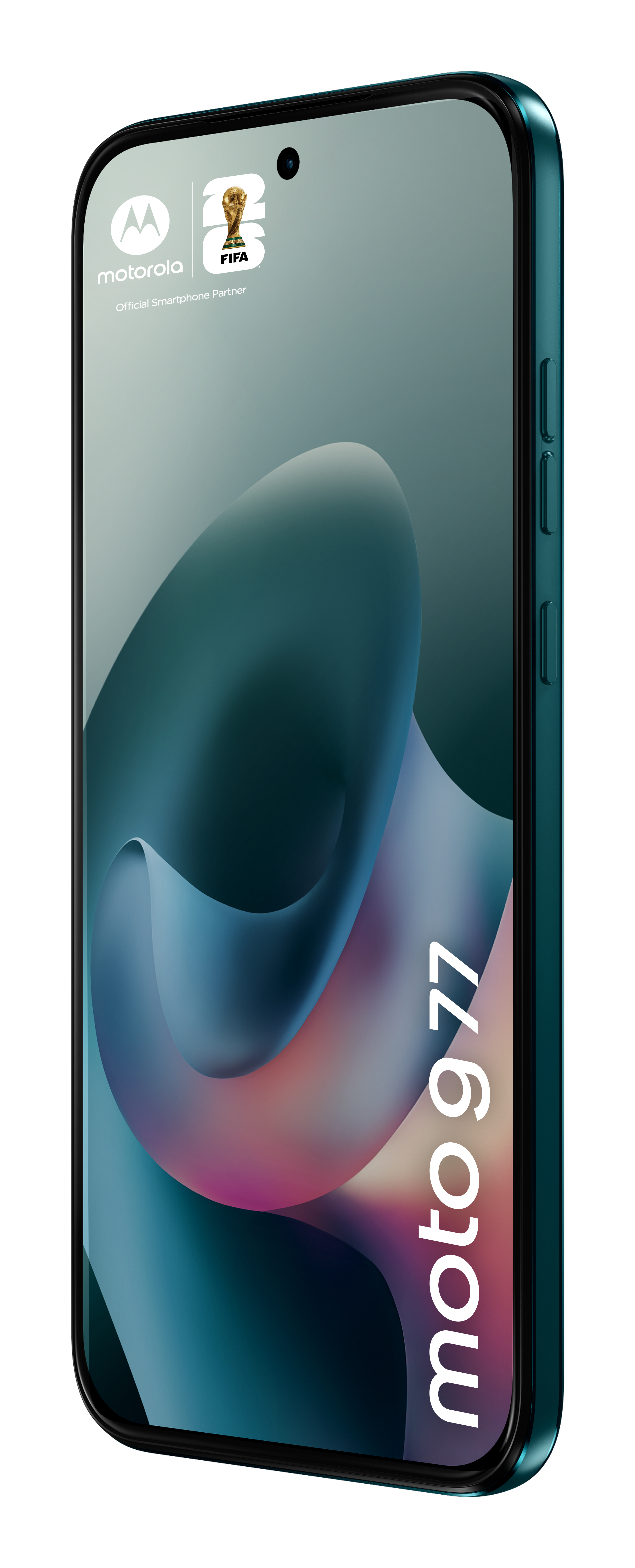 Uno smartphone blu Motorola Moto 977 con logo FIFA e design dello schermo curvo.