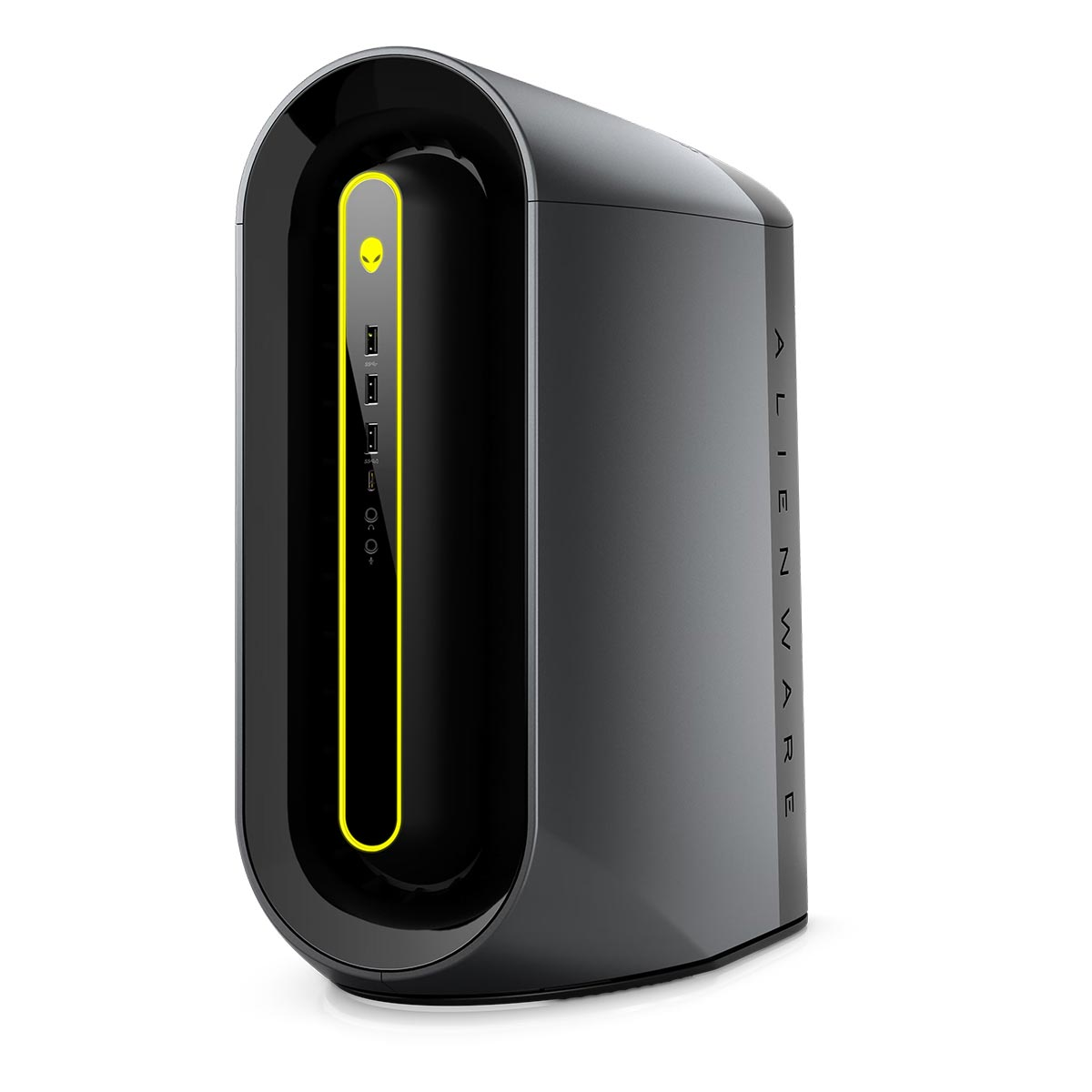 Czarny komputer gamingowy Alienware o futurystycznym designie z żółtym oświetleniem przednim i portami USB.