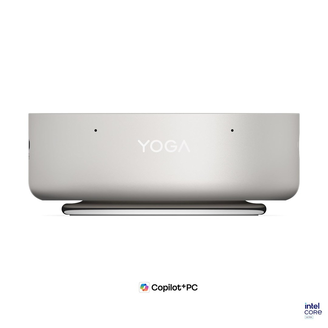 Widok z przodu srebrnego urządzenia Yoga na okrągłej podstawce z logo YOGA.