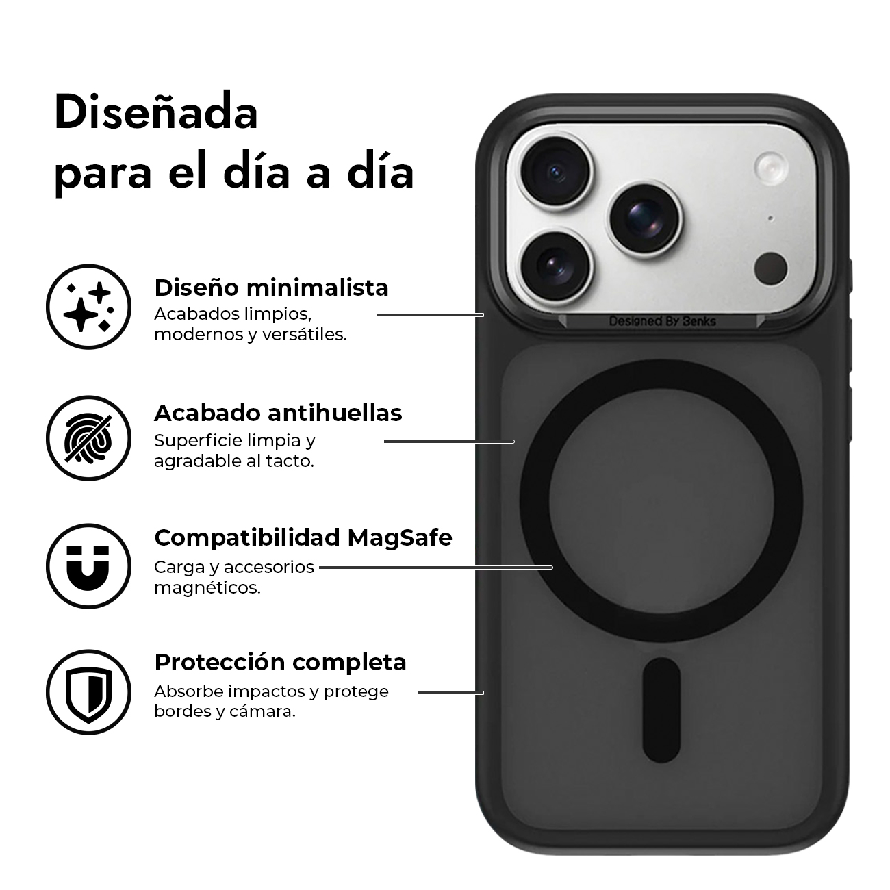 Funda de móvil MagSafe negra destacando diseño minimalista, antihuellas y protección completa.
