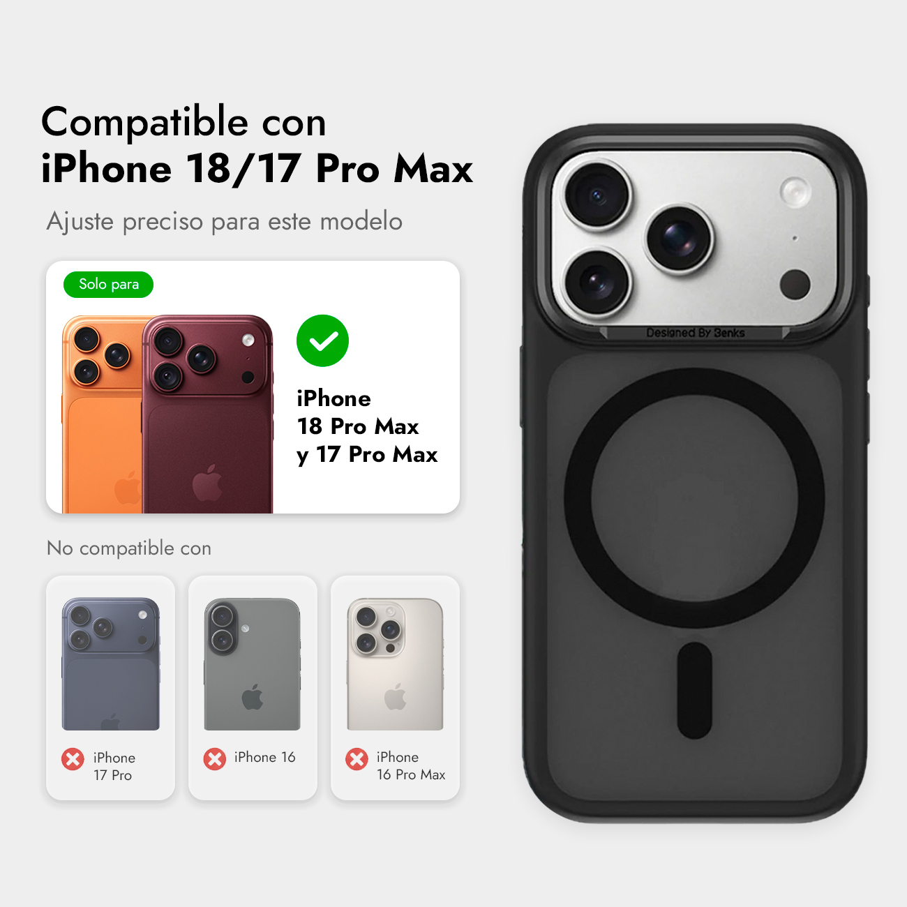 Funda de móvil negra con recorte de cámara, anillo MagSafe y guía de compatibilidad para modelos de iPhone.