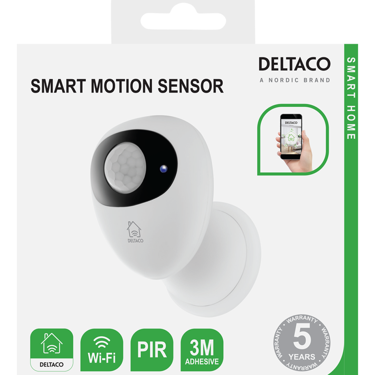 Verpackung für Deltaco Smart-Bewegungssensor mit weißem Gerät, Telefonsymbol sowie WLAN-, PIR- und 3M-Etiketten.