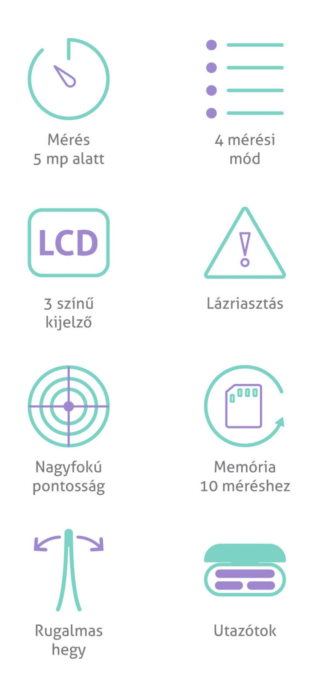 Infografik zeigt Thermometer-Funktionen mit türkisen und violetten Symbolen.