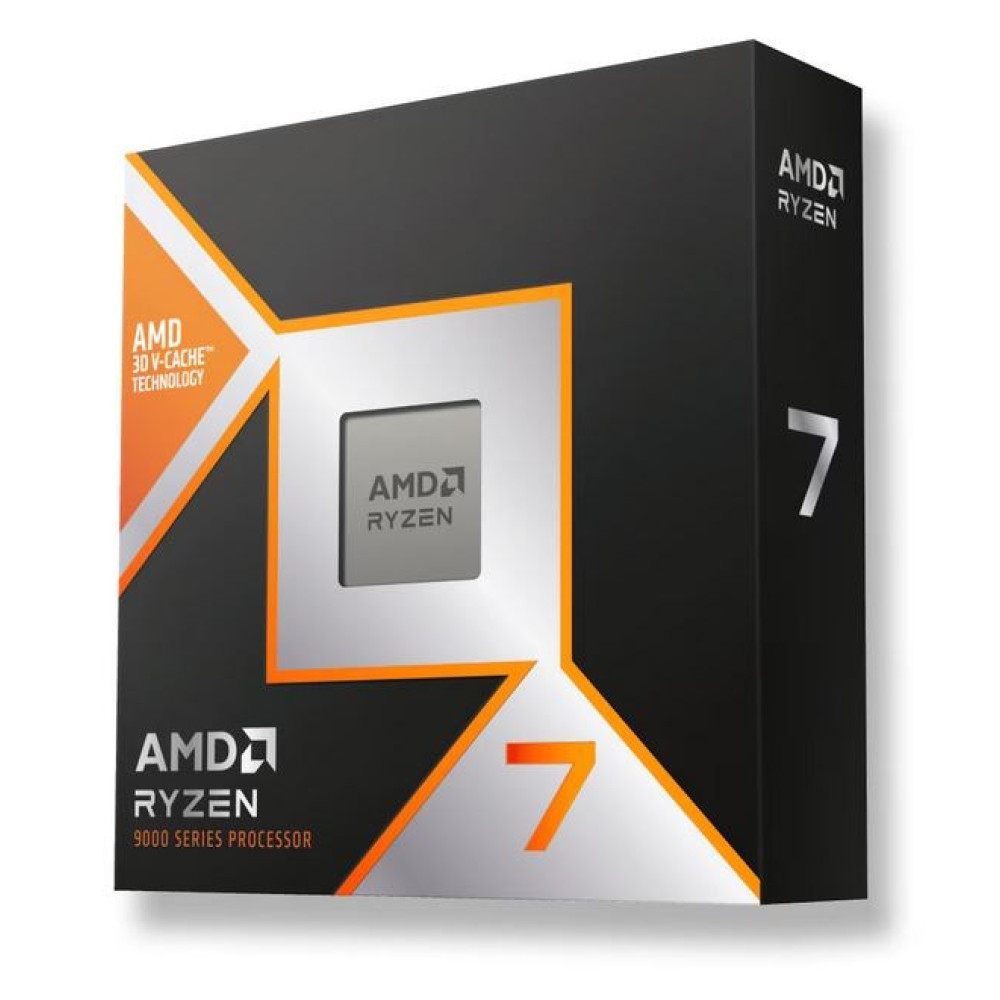 Czarno-pomarańczowe pudełko procesora AMD Ryzen 7 serii 9000 z widocznym chipem.