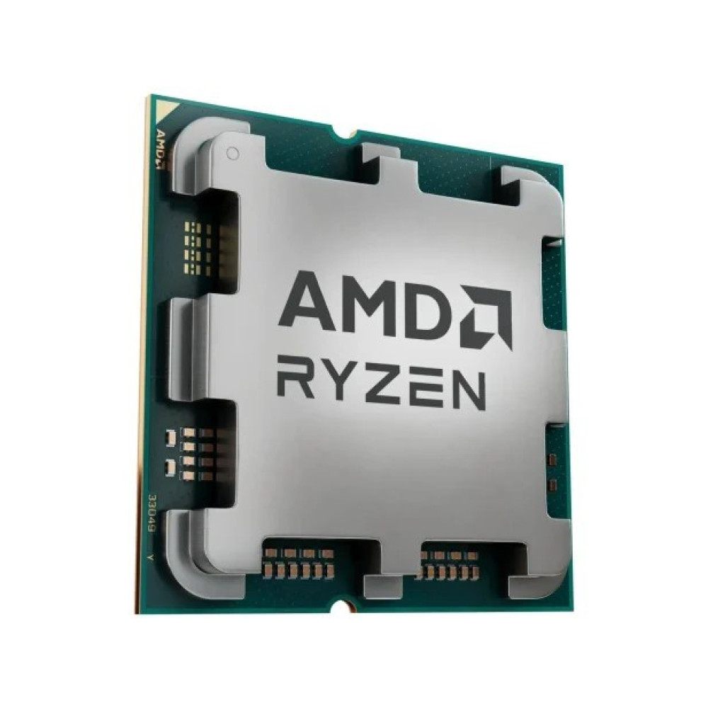 Procesor AMD Ryzen ze srebrną metalową obudową na zielonym podłożu na białym tle.