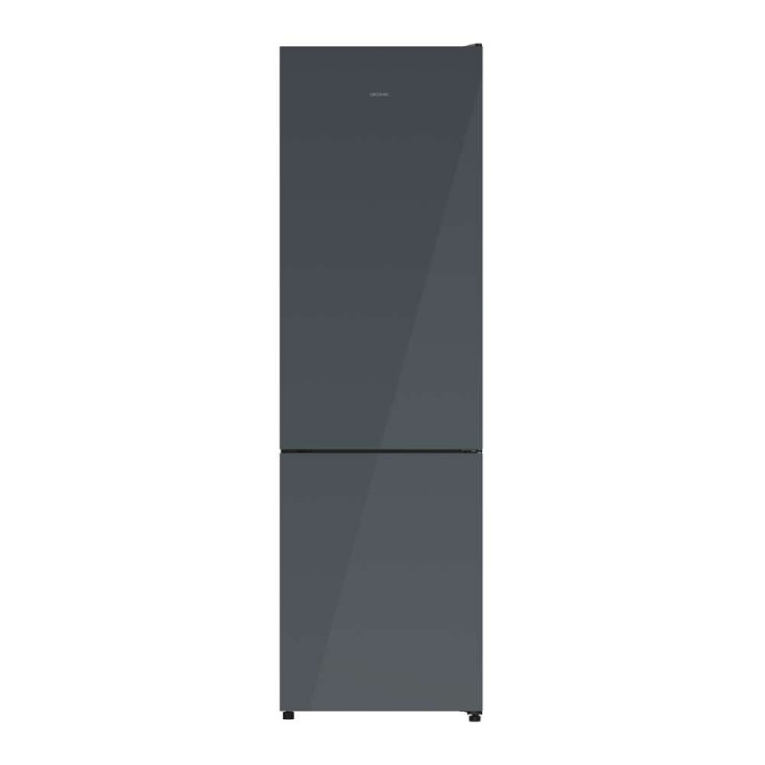 Un elegante refrigerador gris oscuro se encuentra en posición vertical sobre un fondo blanco.