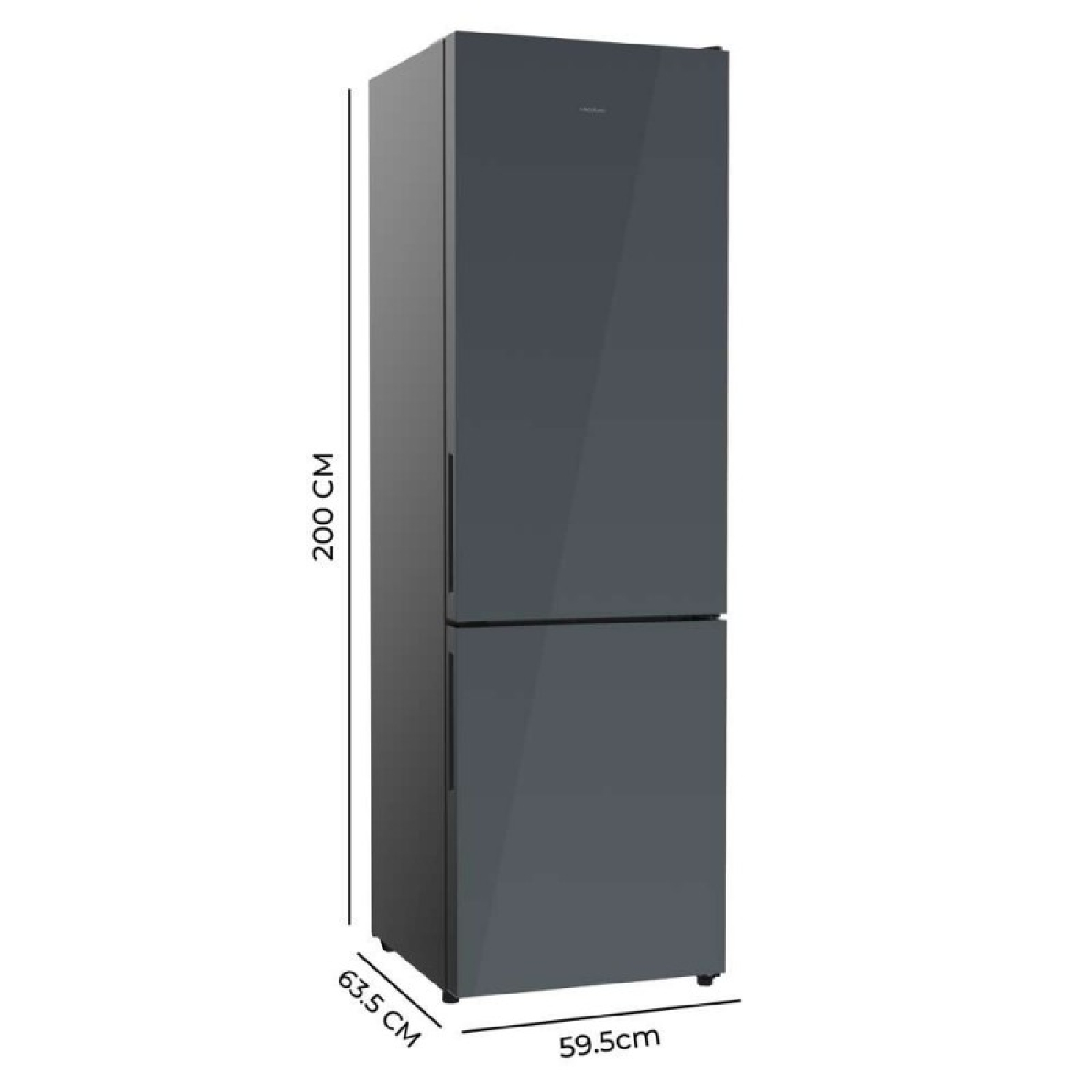 Frigorífico independiente gris con dimensiones de 200 cm de alto, 59,5 cm de ancho y 63,5 cm de profundidad.
