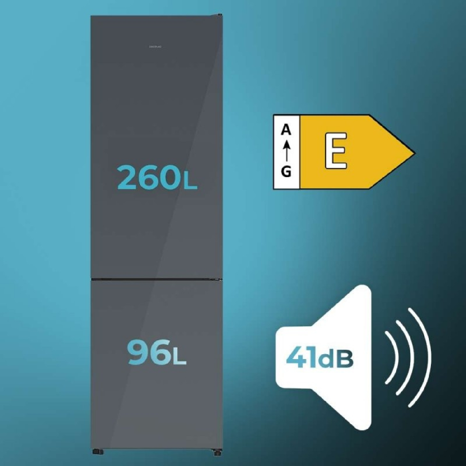 Frigorífico gris con 260L y 96L de capacidad, eficiencia energética E y 41 dB de ruido.