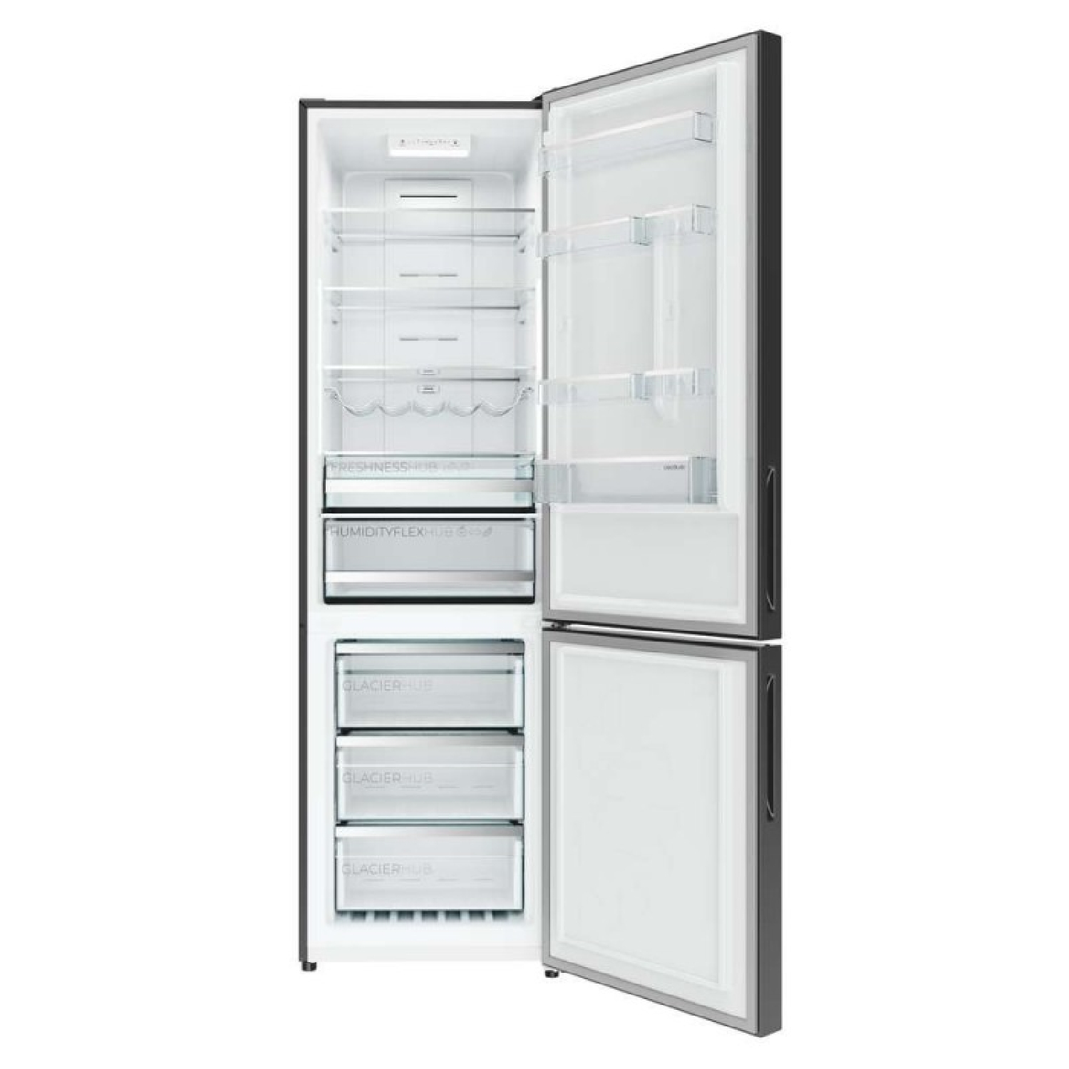 Refrigerador plateado abierto con estantes, cajones y compartimentos vacíos.