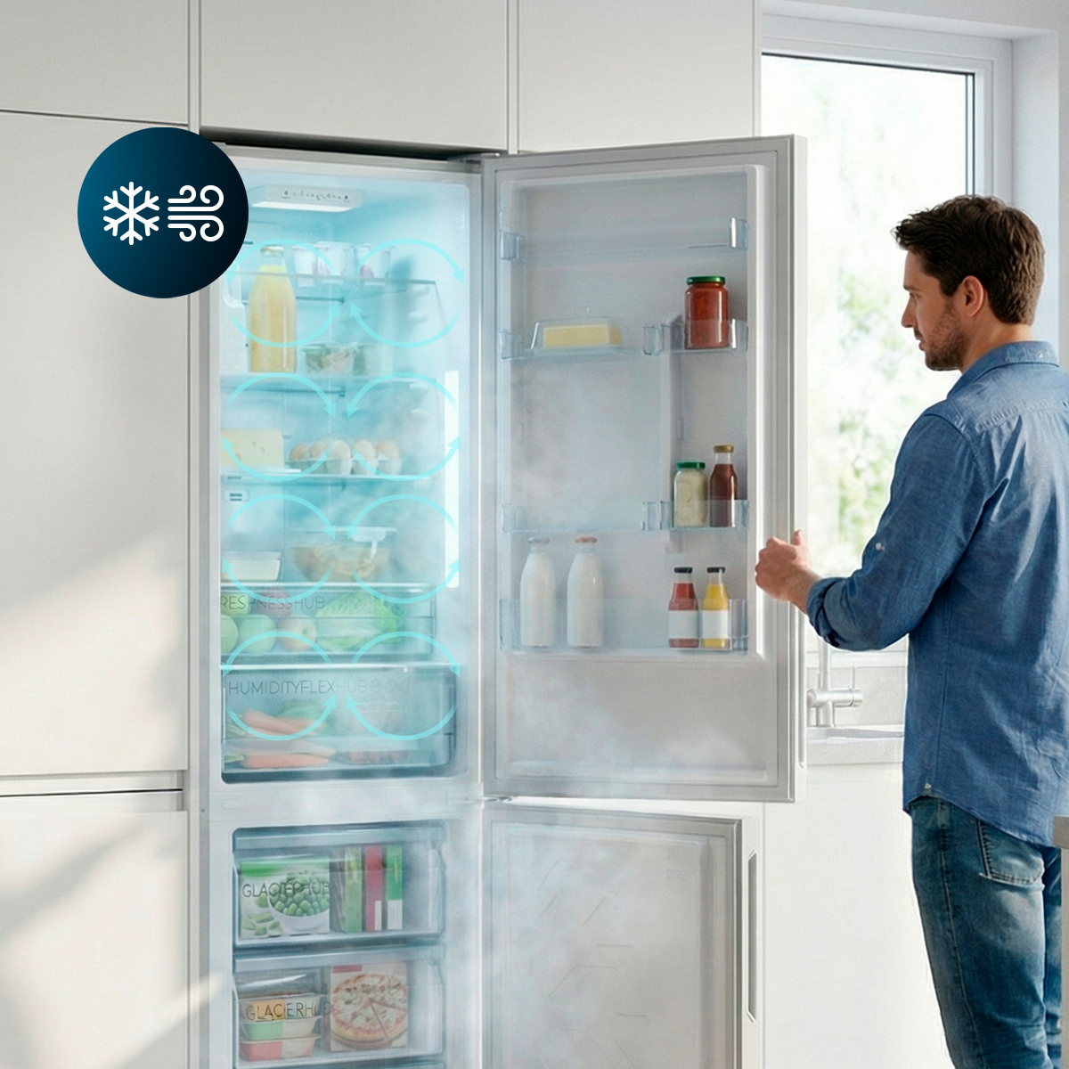 Un hombre abre un refrigerador con estantes iluminados y gráficos de circulación de aire frío.