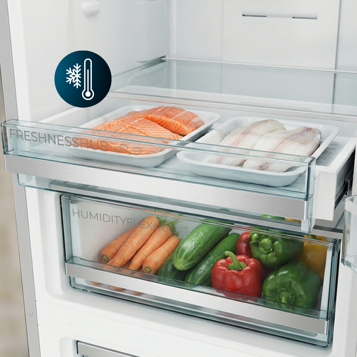 Dentro de un refrigerador, un cajón guarda salmón y pescado, y otro inferior contiene zanahorias, pepinos y pimientos.