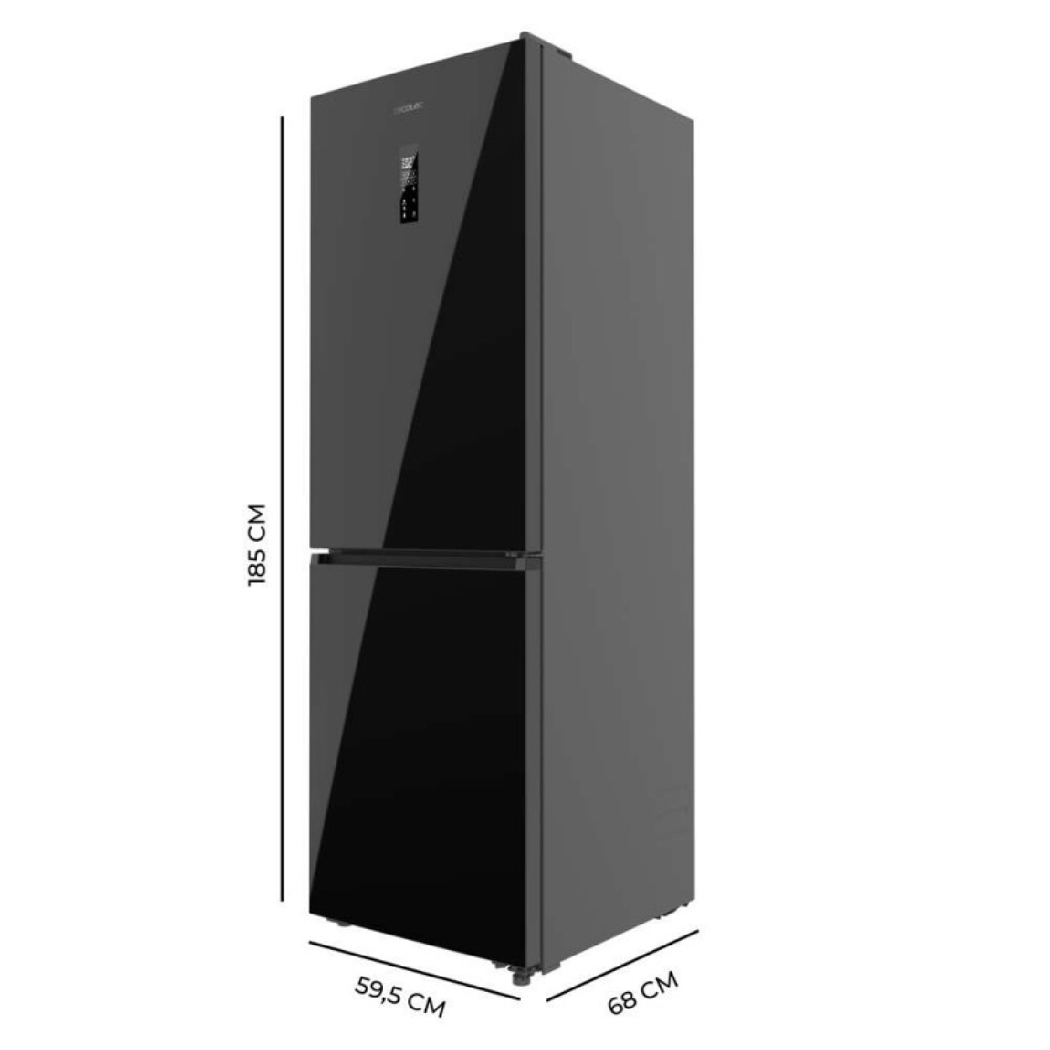 Frigorífico negro de 185 cm de alto, 59,5 cm de ancho y 68 cm de fondo sobre fondo blanco.