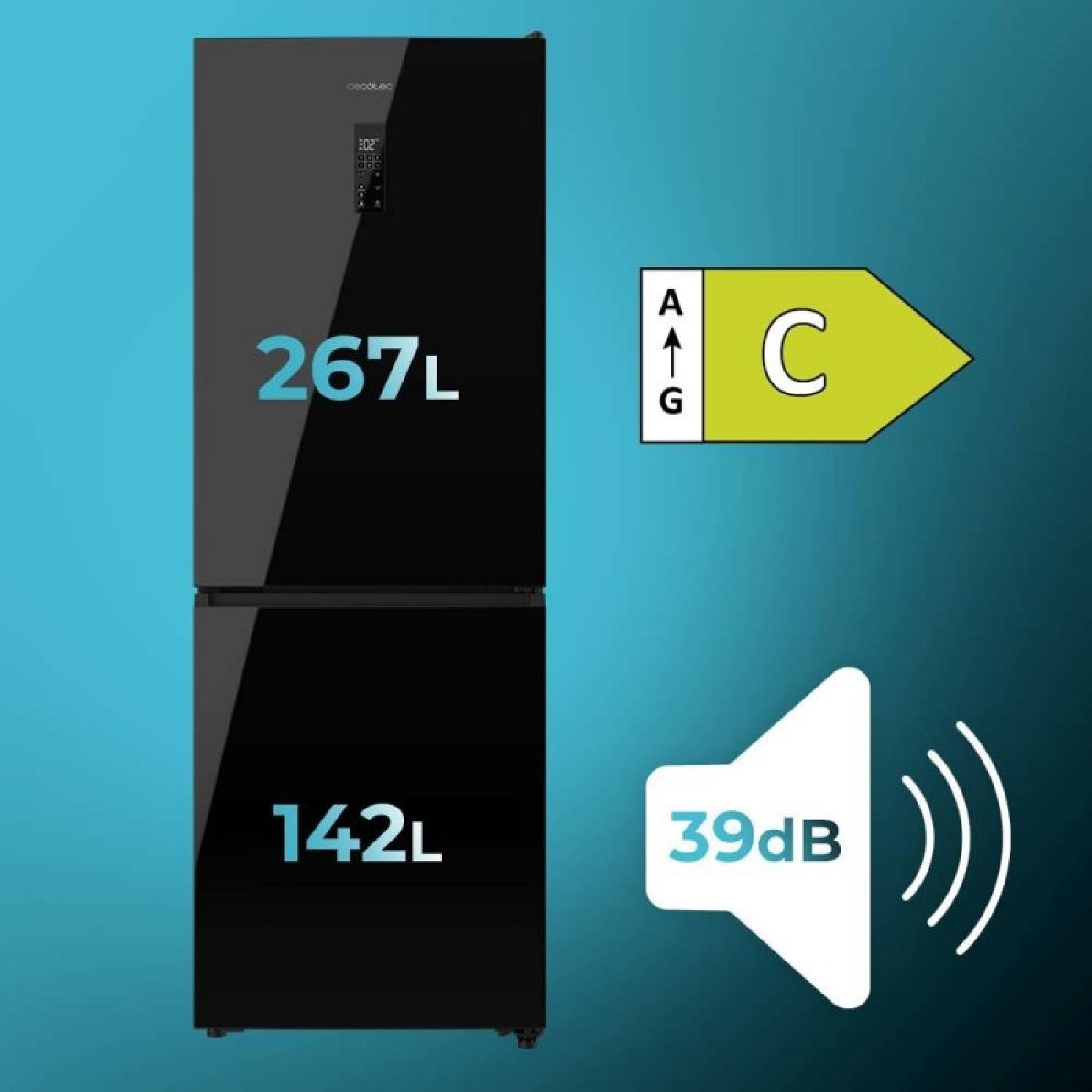 Un frigorífico negro con 267L y 142L de capacidad, eficiencia energética C y 39dB de ruido sobre un fondo azul.