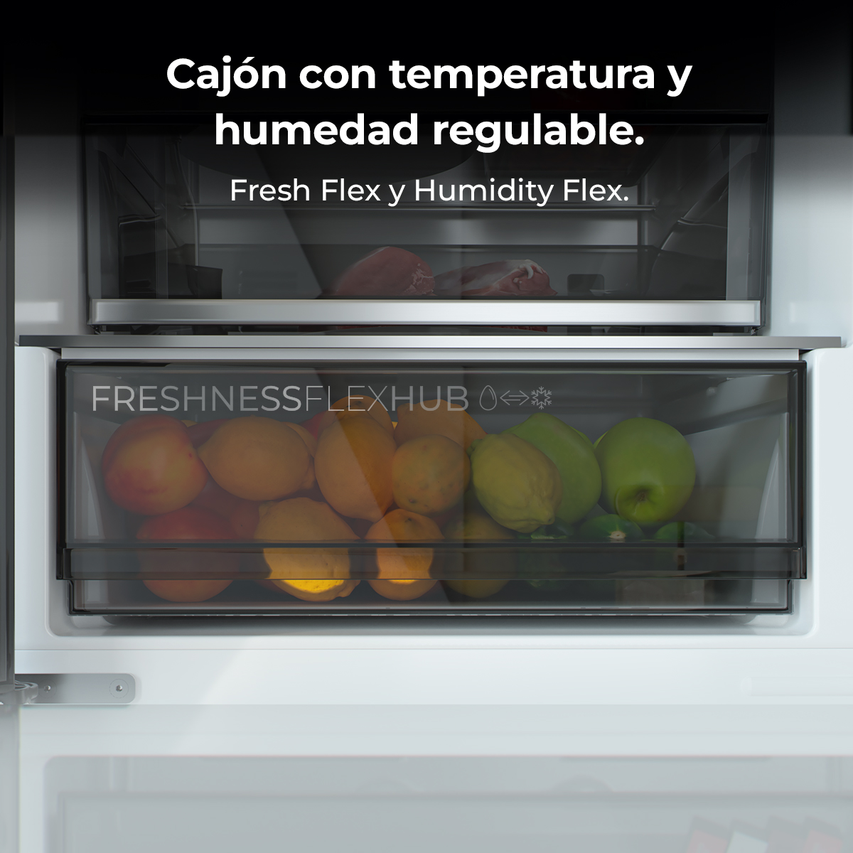 Cajón de refrigerador lleno de frutas y verduras frescas, con texto en español.