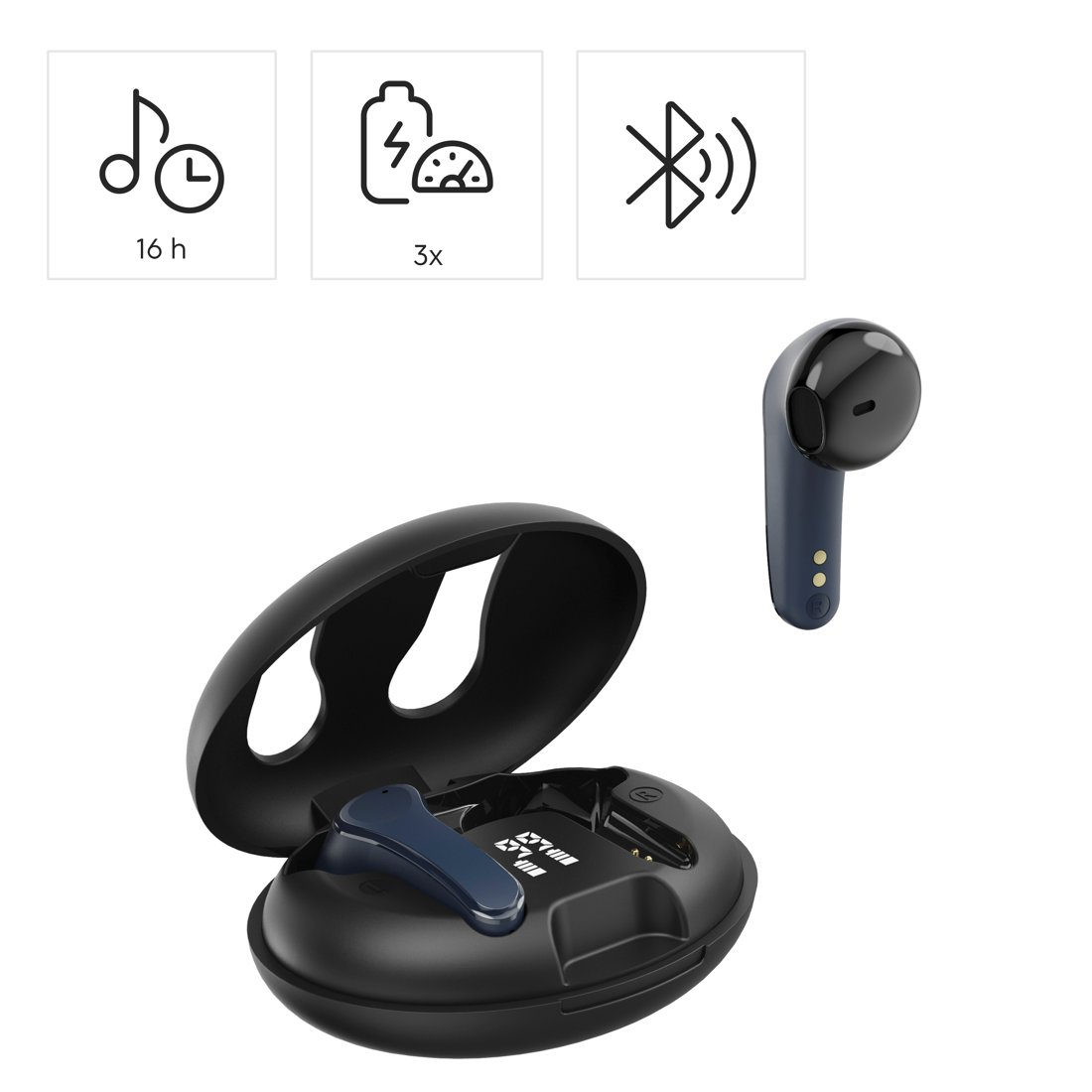Ciemnoniebieskie słuchawki bezprzewodowe z etui ładującym i ikonami 16h baterii i Bluetooth.