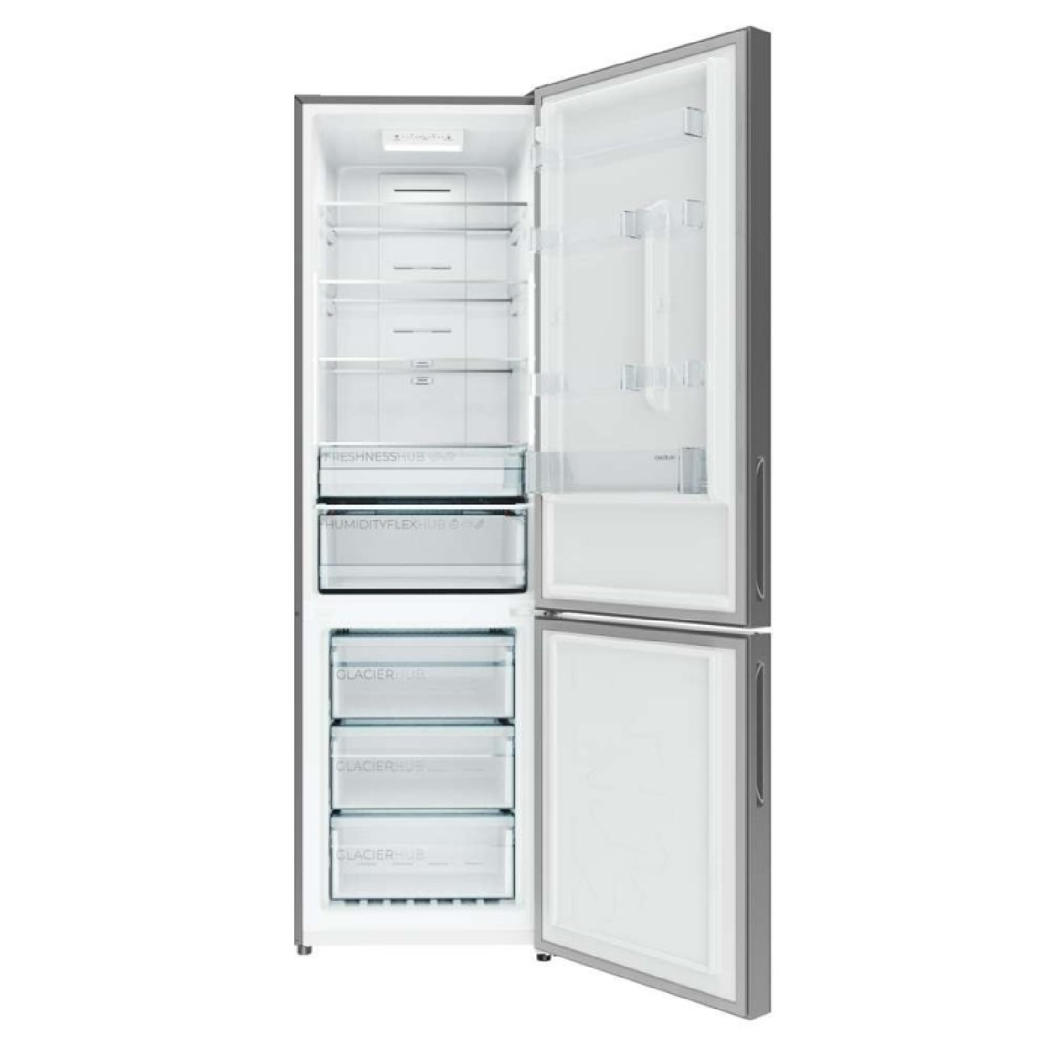 Frigorífico combi plateado con puertas abiertas, estantes de cristal vacíos y cajones transparentes.