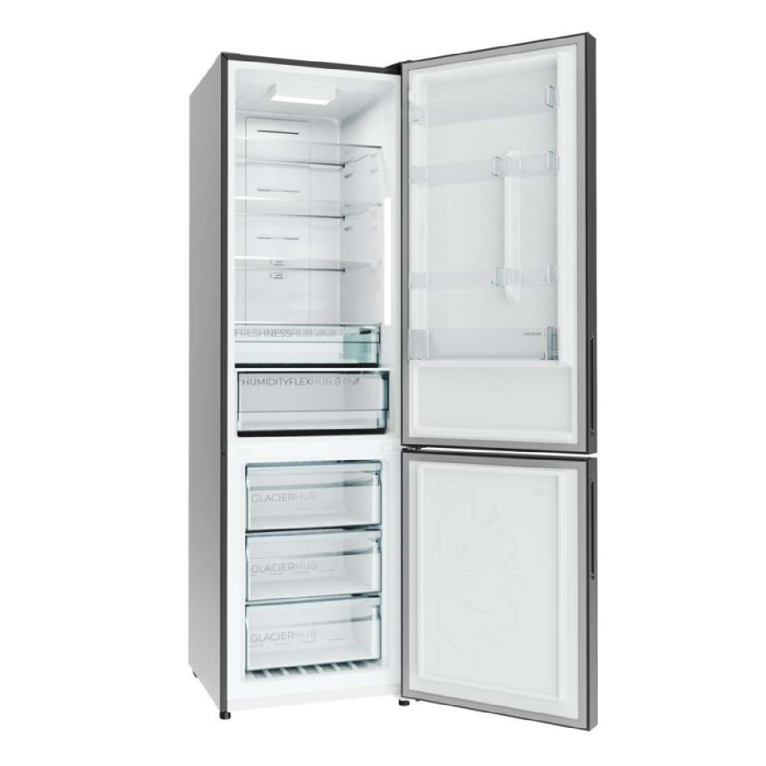 Frigorífico combi plateado con puertas abiertas, estantes de cristal y cajones transparentes en un interior luminoso.