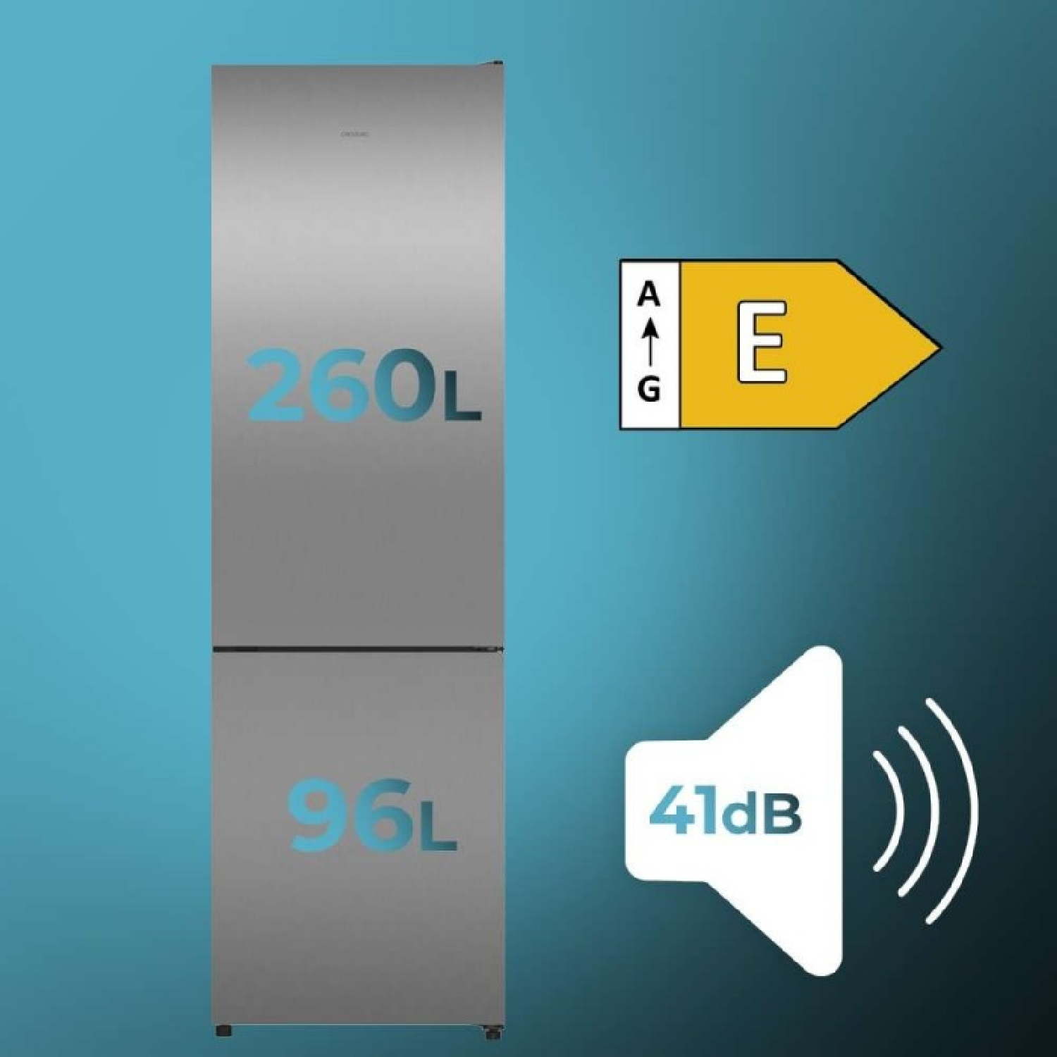 Frigorífico plateado con 260L de nevera y 96L de congelador, clase energética E y 41dB de ruido sobre fondo azul.