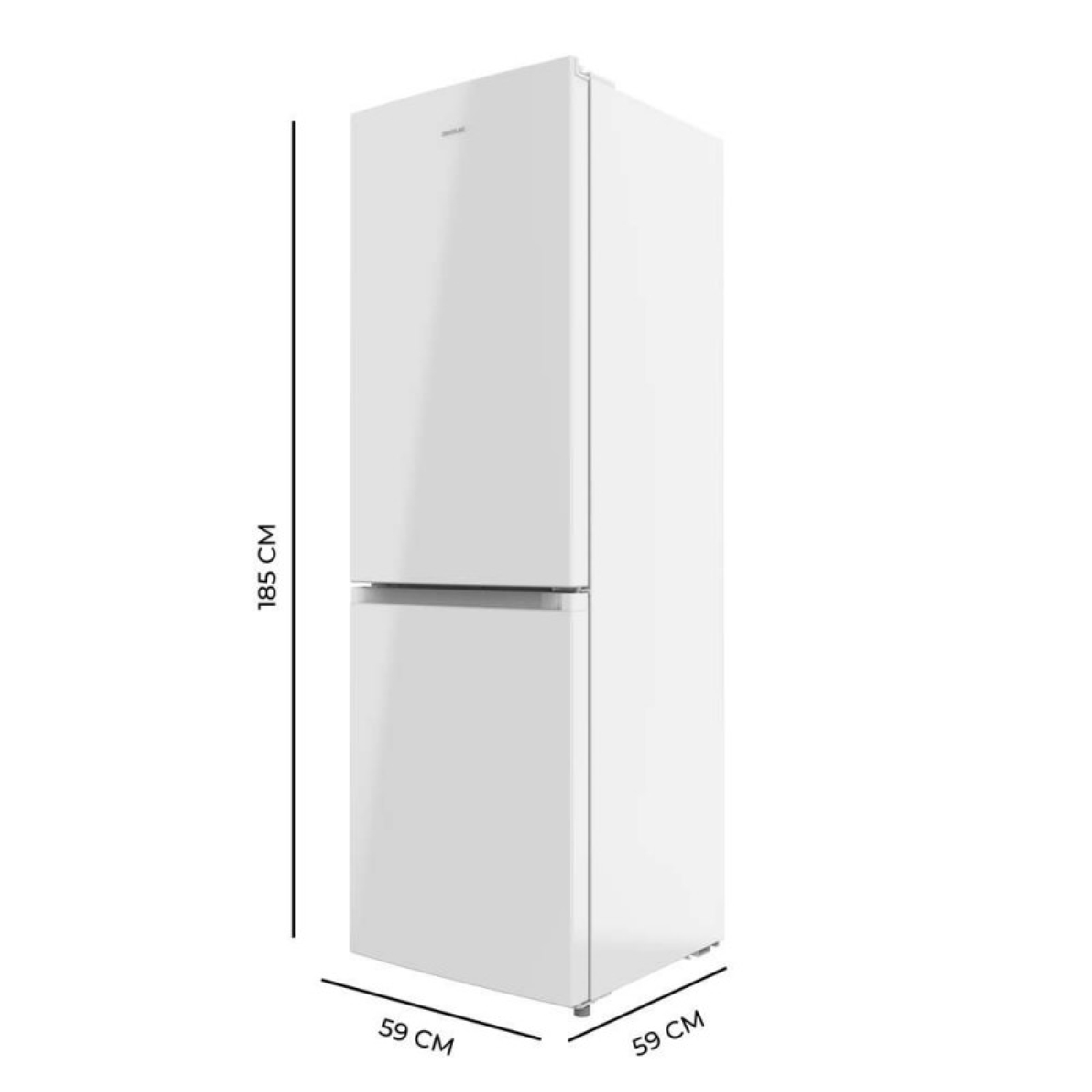 Frigorífico blanco de libre instalación con 185 cm de alto, 59 cm de ancho y 59 cm de fondo.