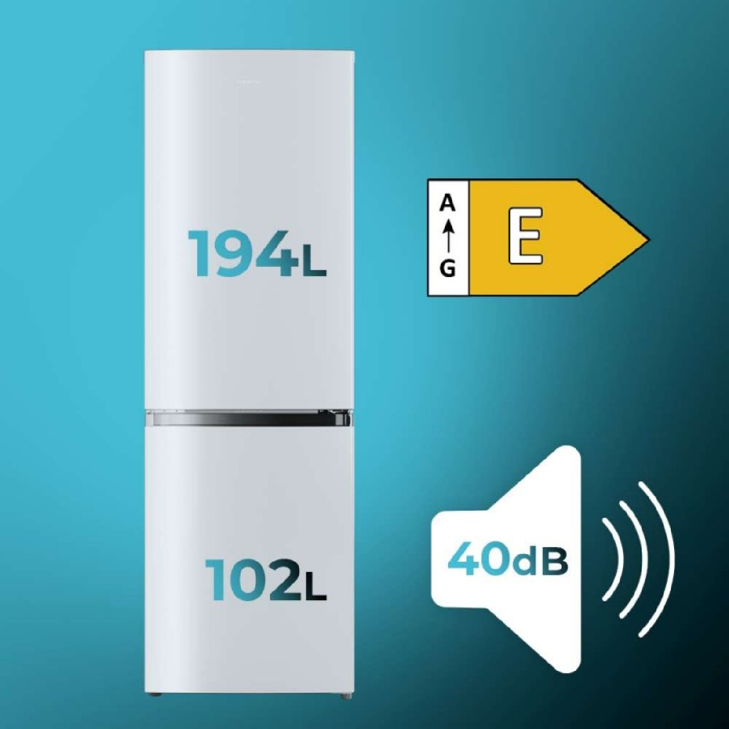 Frigorífico blanco con compartimentos de 194L y 102L, clase energética E y 40dB sobre fondo azul.