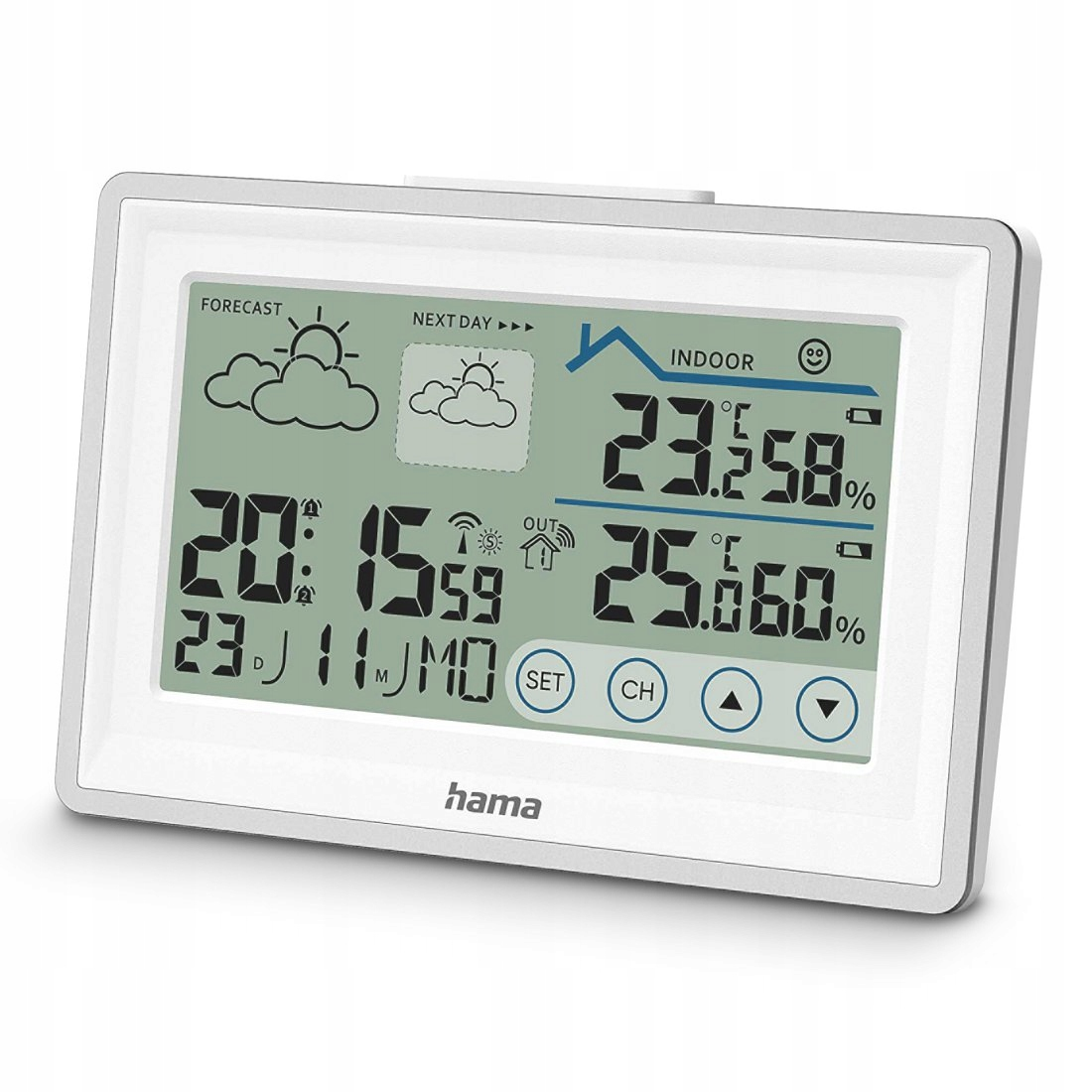 Stazione meteorologica digitale con cornice grigia che mostra ora, data e temperature interne ed esterne.
