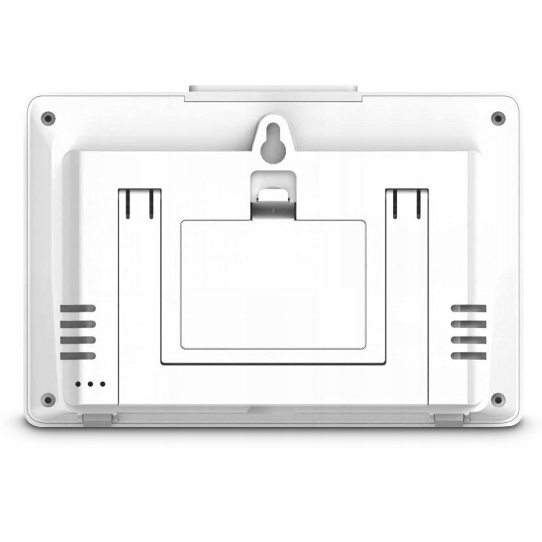 Vista posteriore di un dispositivo bianco con supporto pieghevole e aggancio a parete.