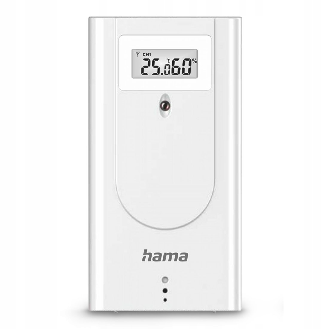 Termometro digitale Hama bianco e allungato con schermo LCD che mostra 25,6°C e 60% di umidità.