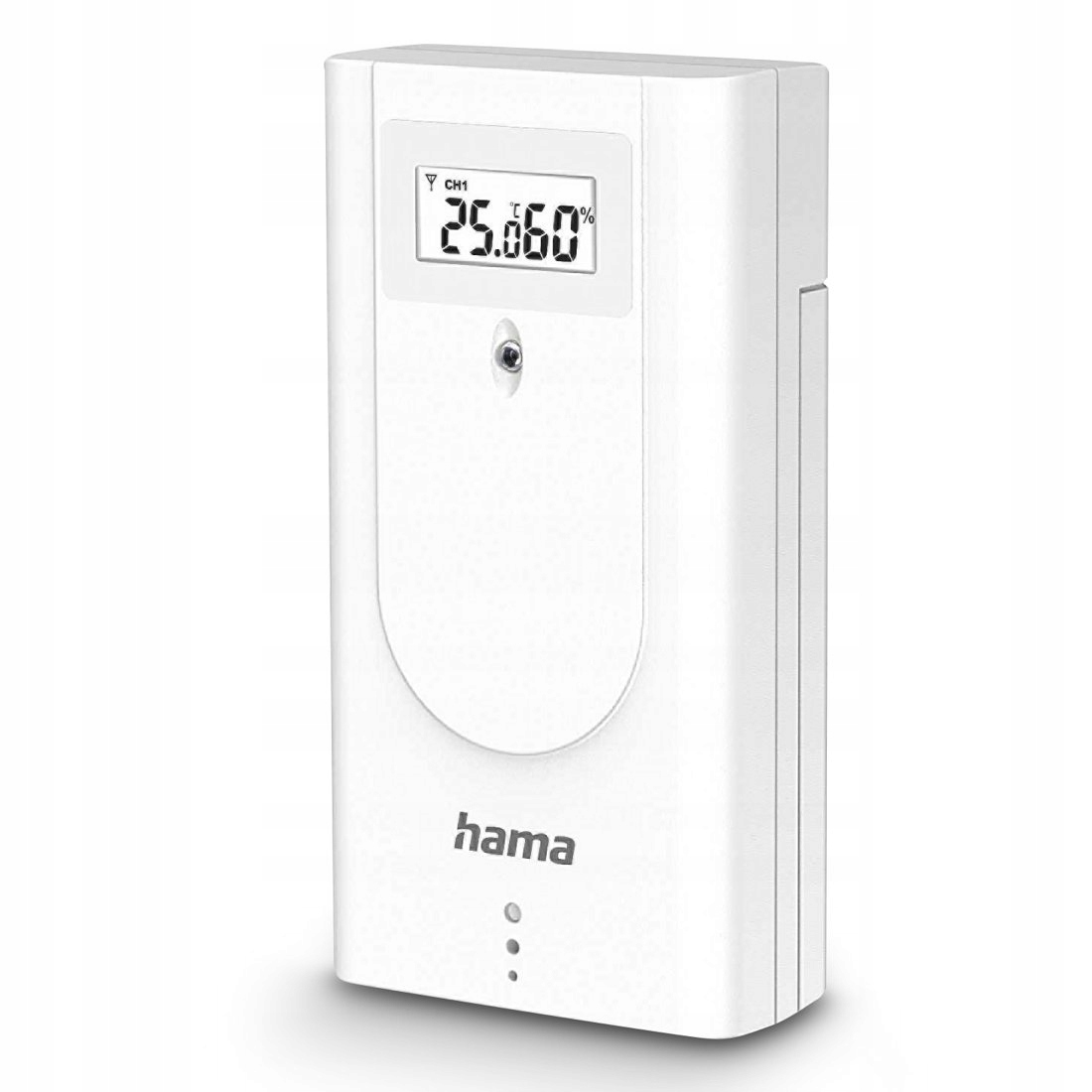 Un termometro digitale bianco Hama mostra 25,0 gradi Celsius e 60 percento di umidità.