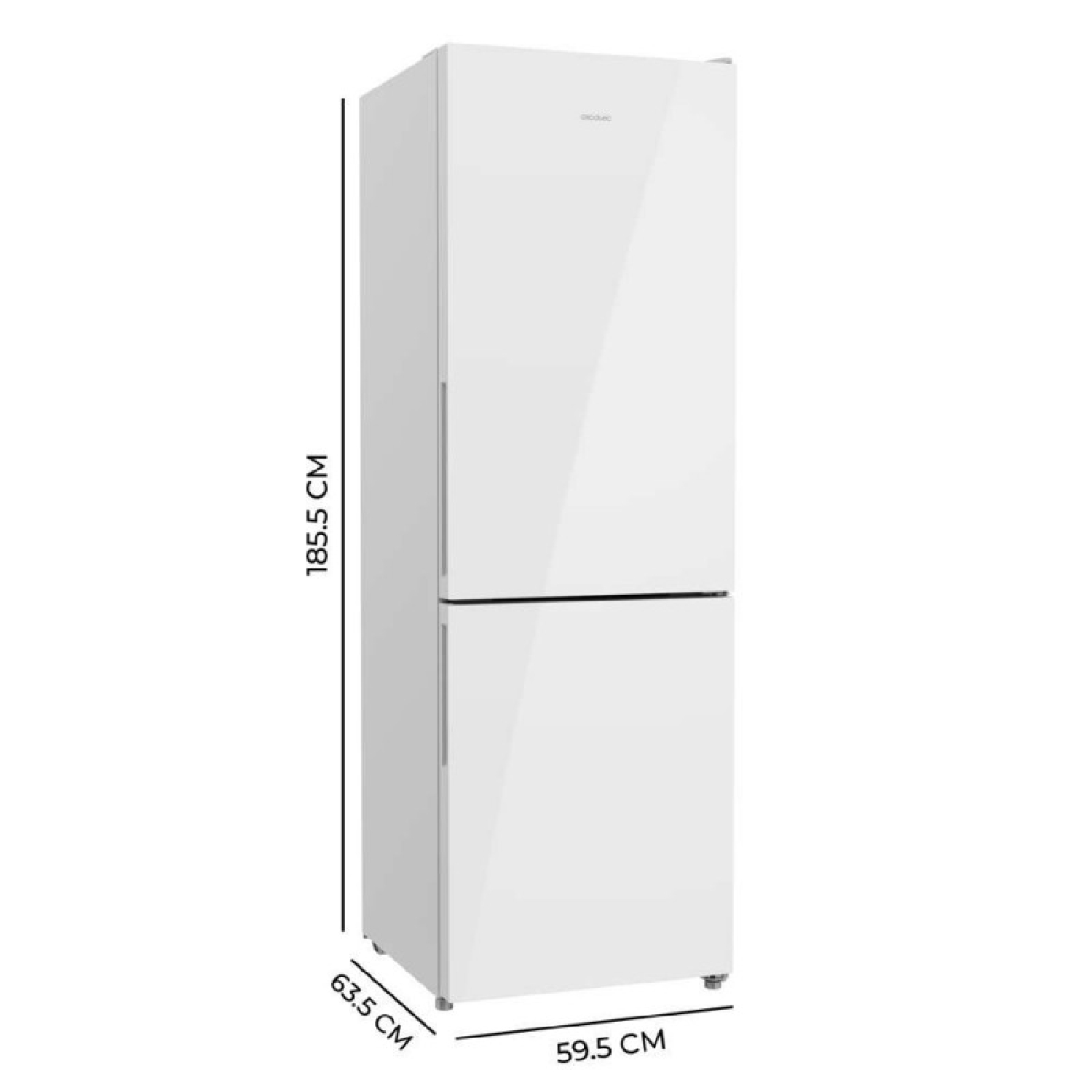 Frigorífico independiente blanco con dimensiones de 185,5 cm de alto, 59,5 cm de ancho y 63,5 cm de fondo.